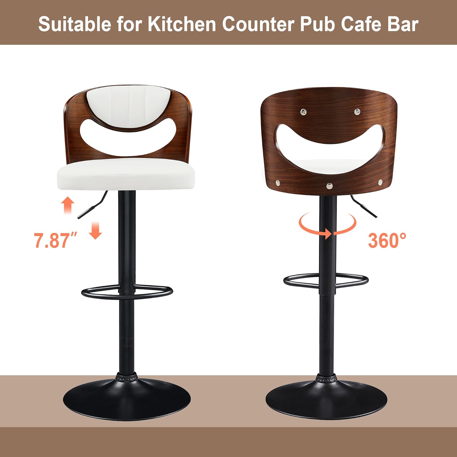 VECELO Bar Stool Set of 2,Counter Height Stools with Bentwood Back - VECELO