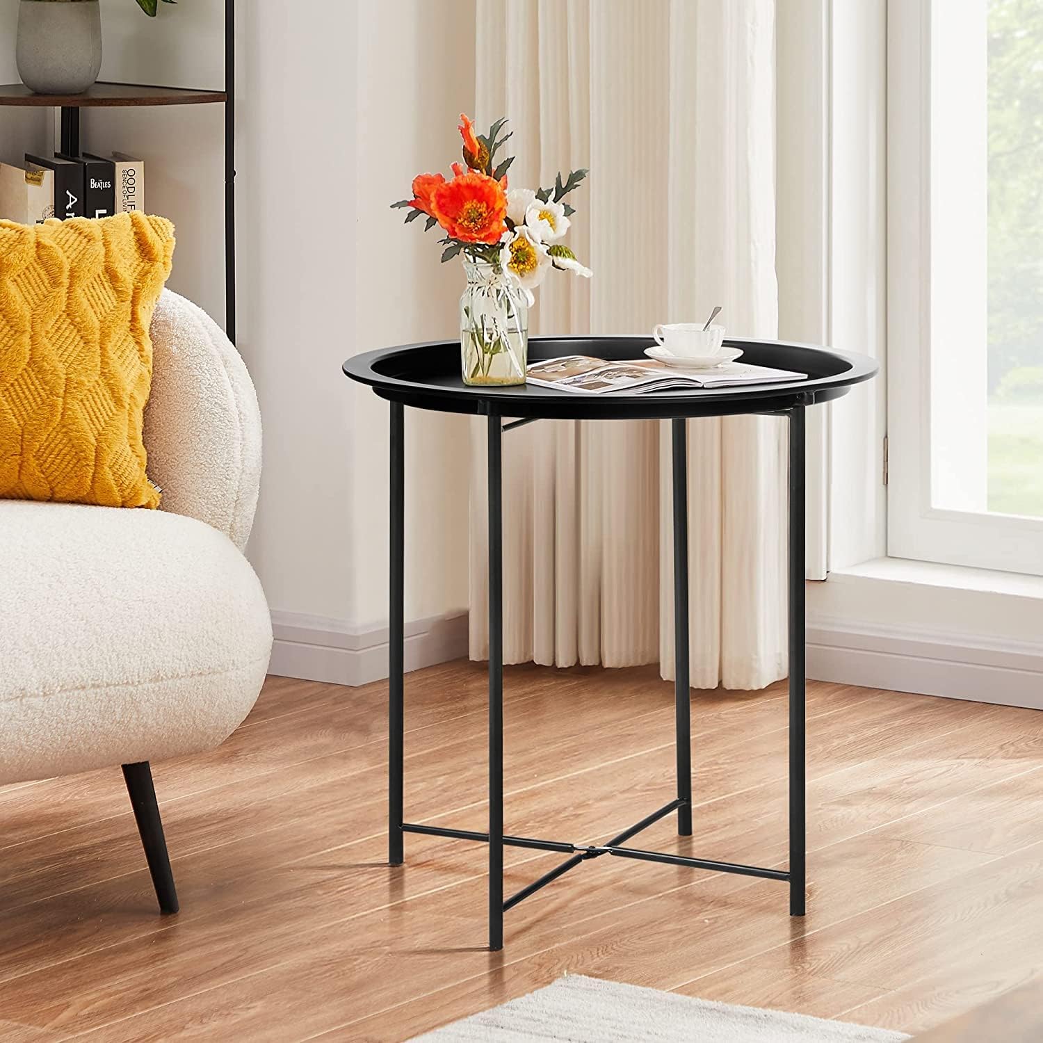 VECELO Metal Round End/Side Table with Removable Tray Small Folding Anti-Rust Nightstand - VECELO