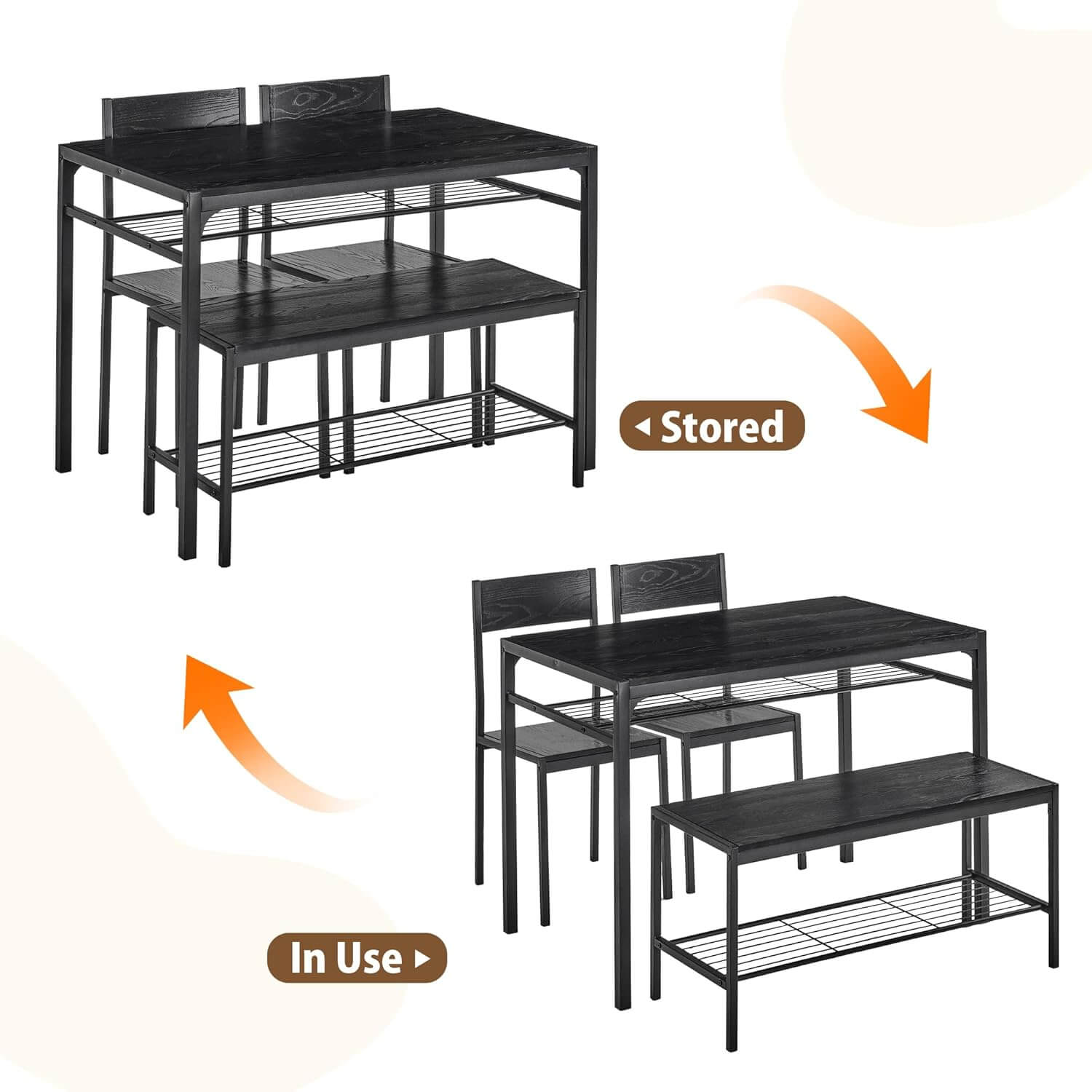 VECELO kitchen dining table set in brown/black with storage bench, safely stored and in use, showcasing industrial design and wicker cushion.