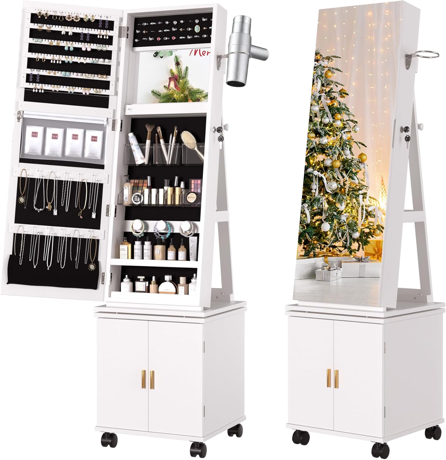 VECELO Lockable Standing Jewelry Armoire Organizer with Drawers and Shelf - VECELO