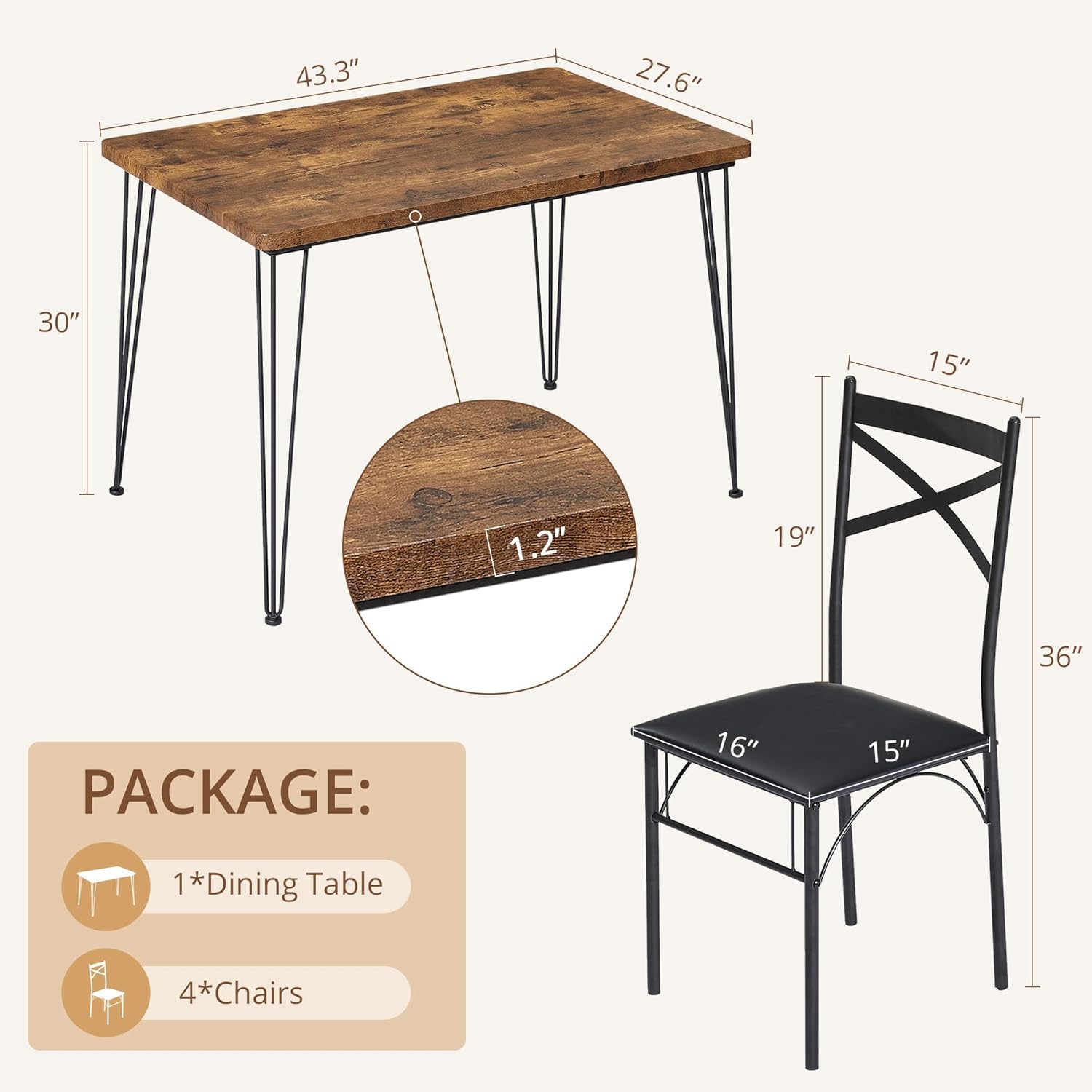 VECELO 5-Piece Modern Rectangular Dining Table Set - VECELO