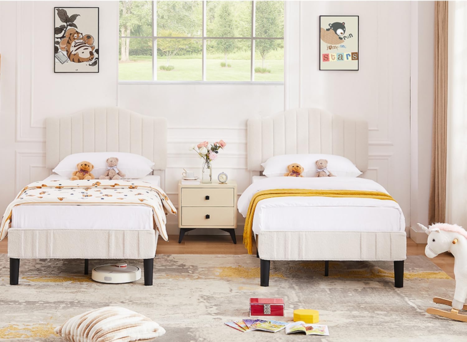 VECELO Upholstered Platform Bed Frame with Sheepskin Fabric Adjustable Headboard/Strong Wood Slats Supports - VECELO