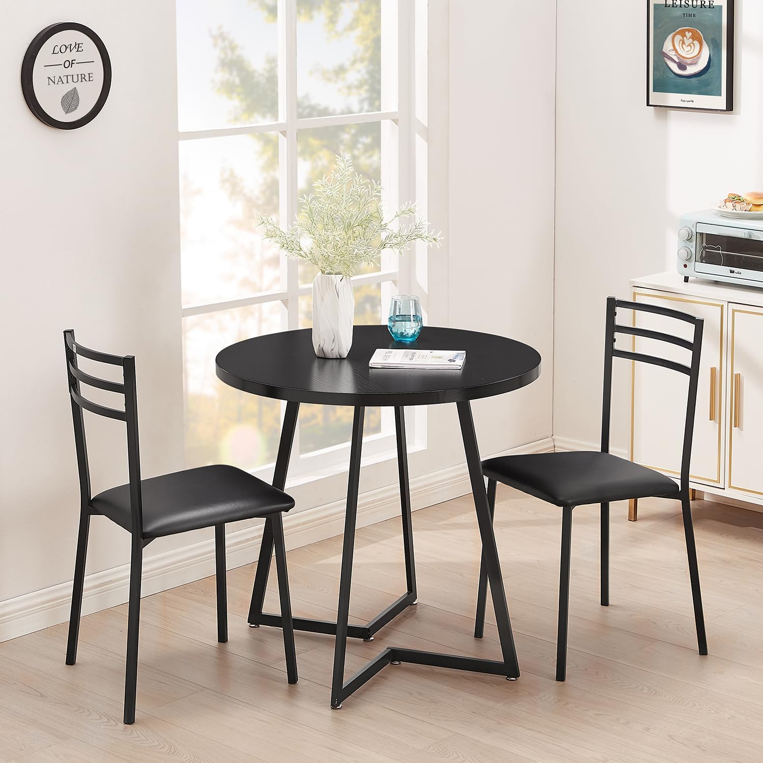 VECELO Round Dining Room Table with Wood Grain Tabletop and Steel Frame - VECELO