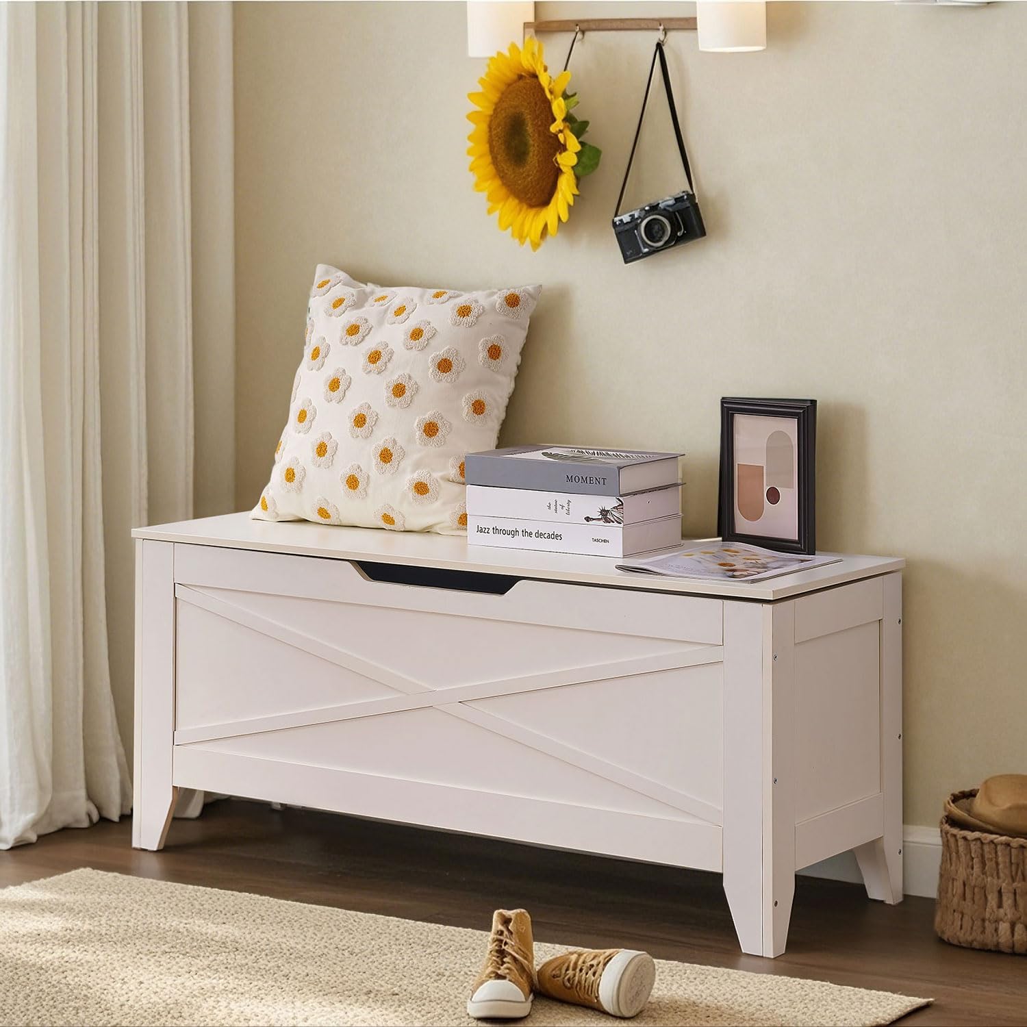 VECELO Storage Bench,43.3in Wooden Chest for Storage with Safety Hinges Wicker-Kont Mats - VECELO