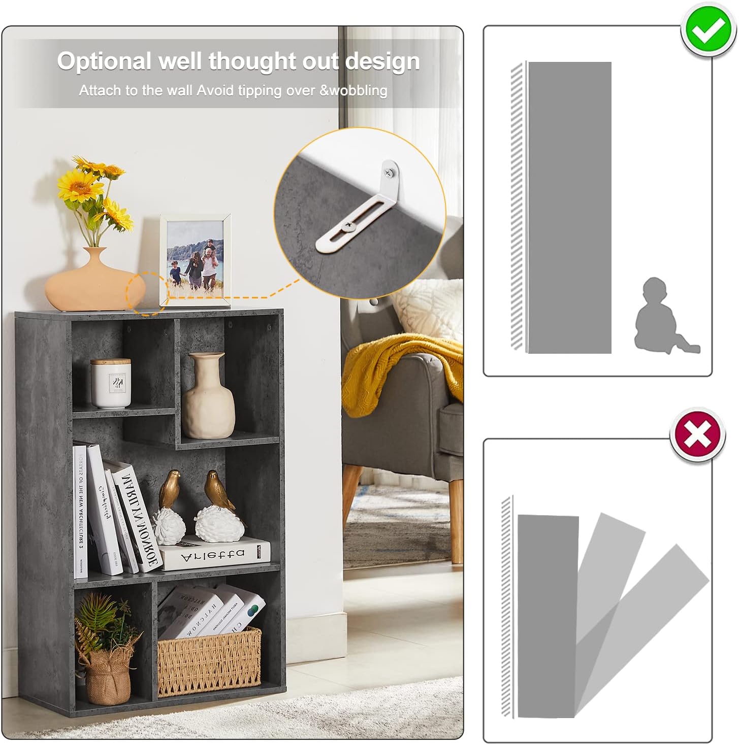 VECELO Modern 3-Tier Small Bookcase, 4 Cube/5 Cube Bookshelf/Storage Organizer - VECELO