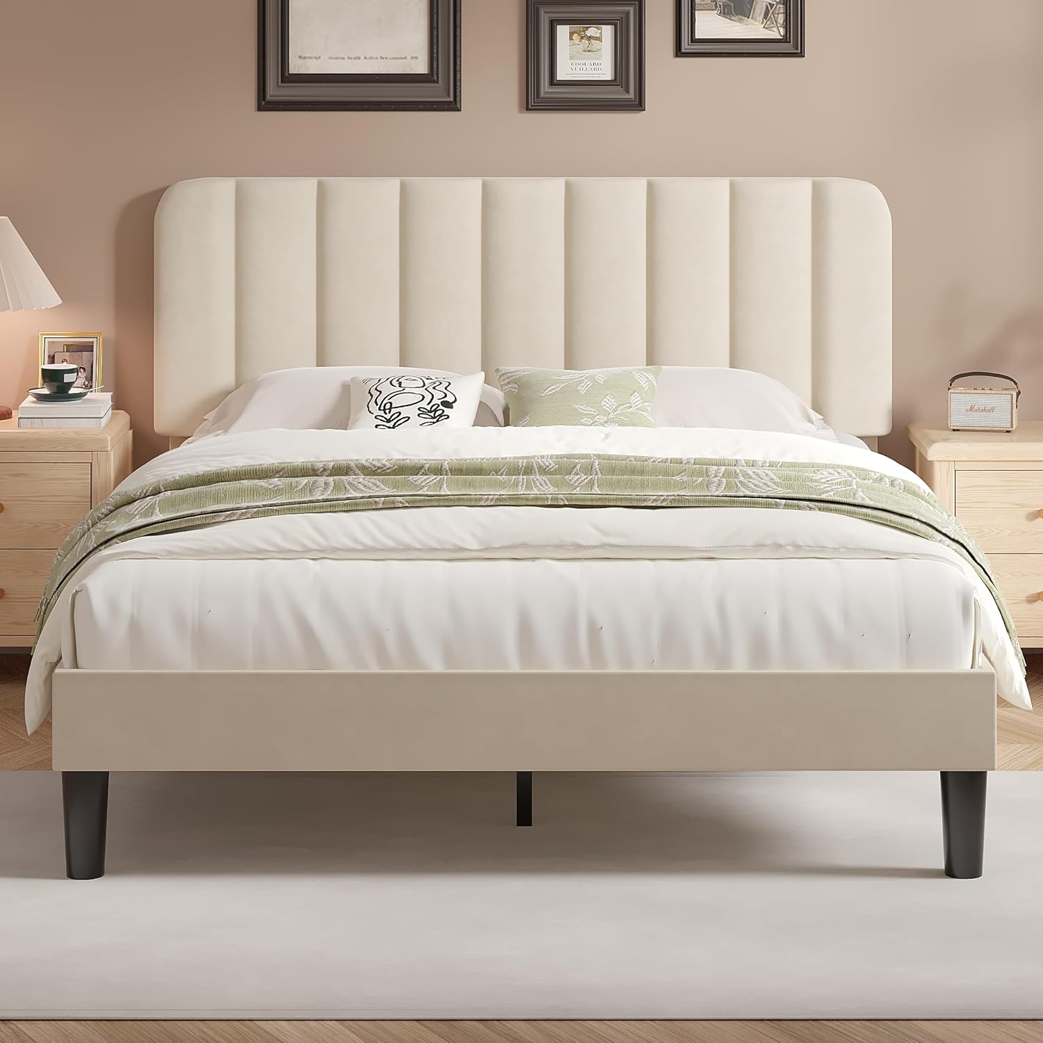 VECELO Upholstered Platform bedframe with Adjustable Headboard - VECELO