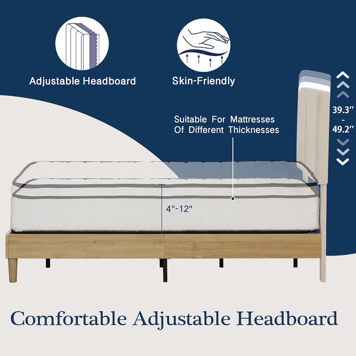 VECELO Upholstered Platform Bed Frame with Height-Adjustable Cotton and Linen Headboard - VECELO