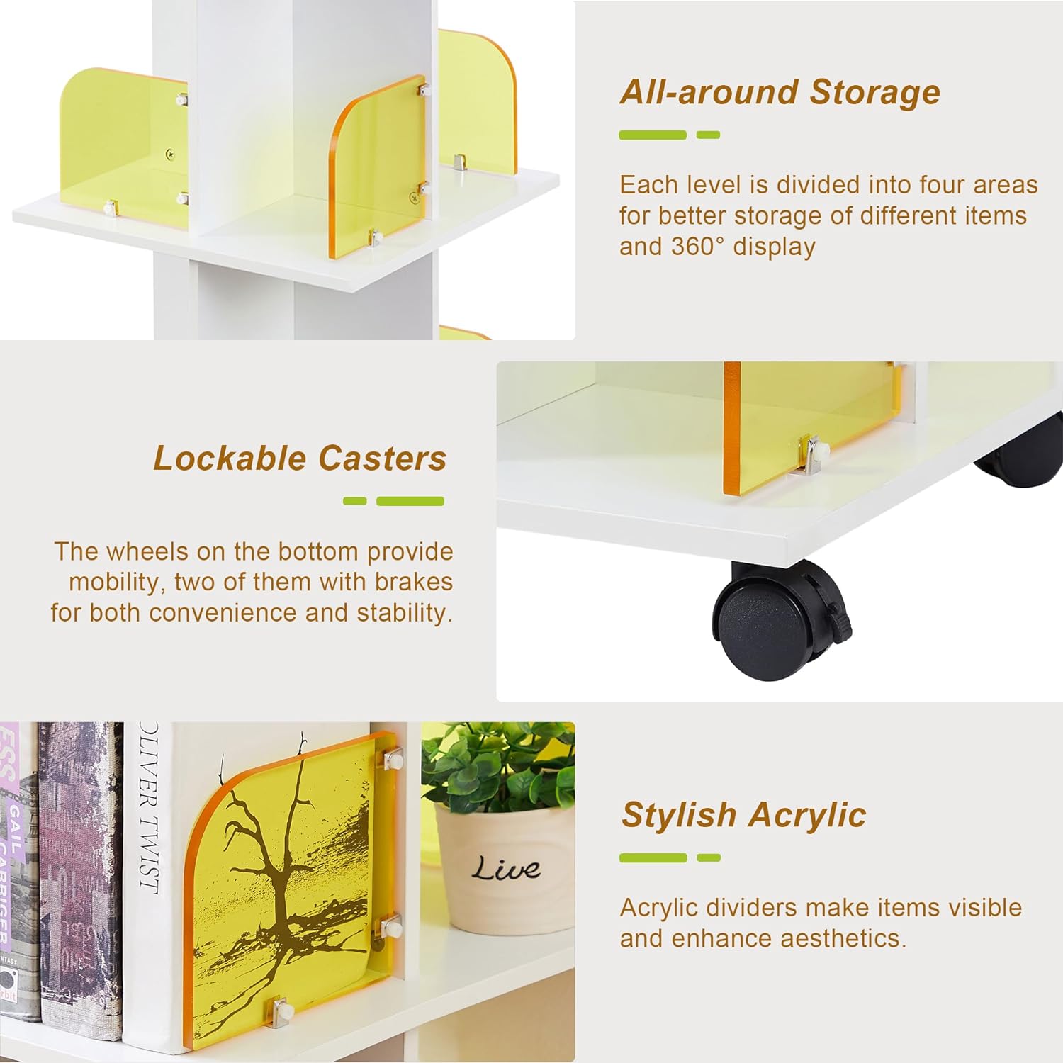 VECELO 4 Tier Rotating Bookshelf Tower,360° Corner Display Shelf with Wheels - VECELO