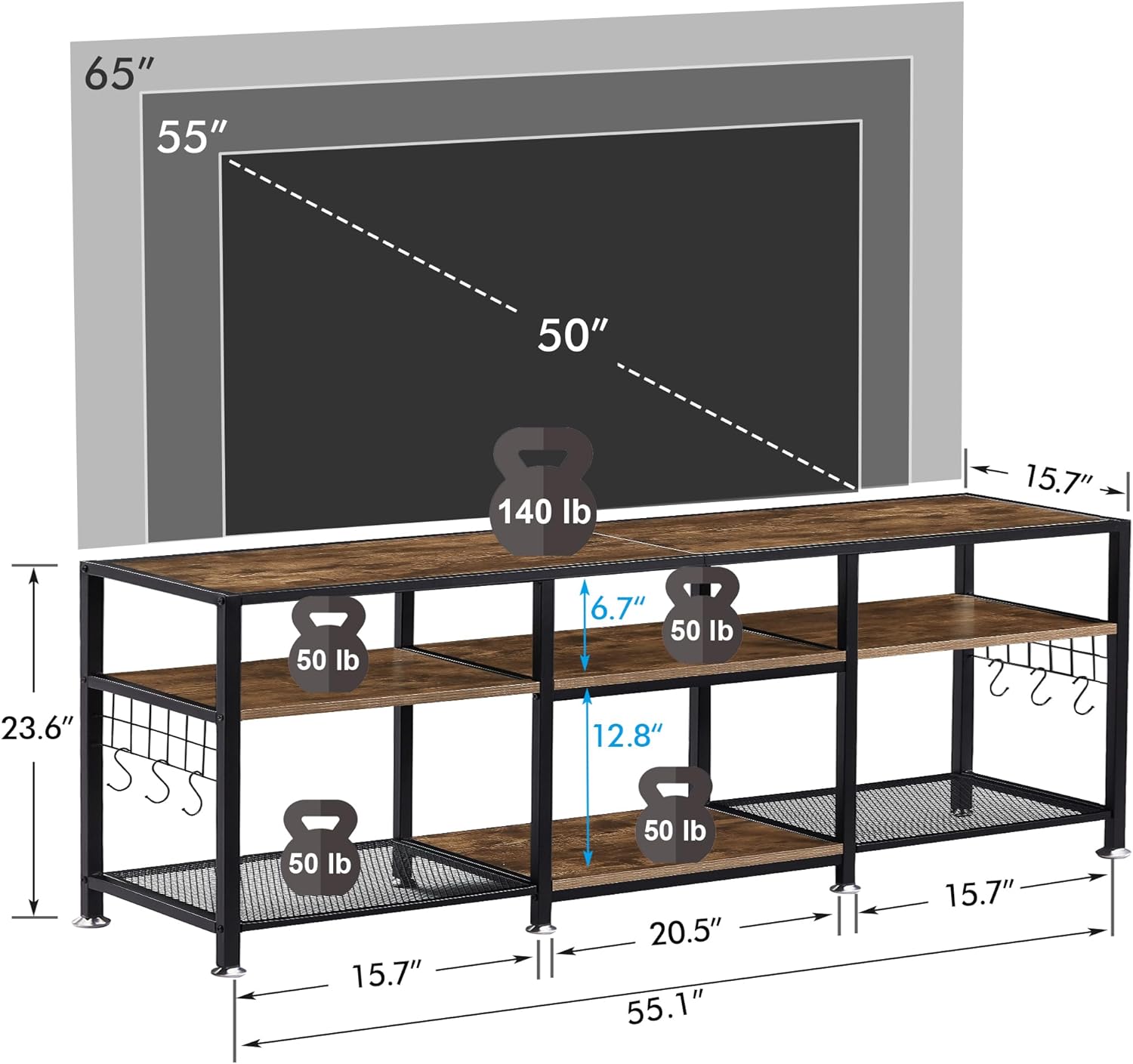 VECELO TV Stand Entertainment Center Media Console with 3-Tier Open Storage Shelves, Cabinet Table for Living Room Brown - VECELO