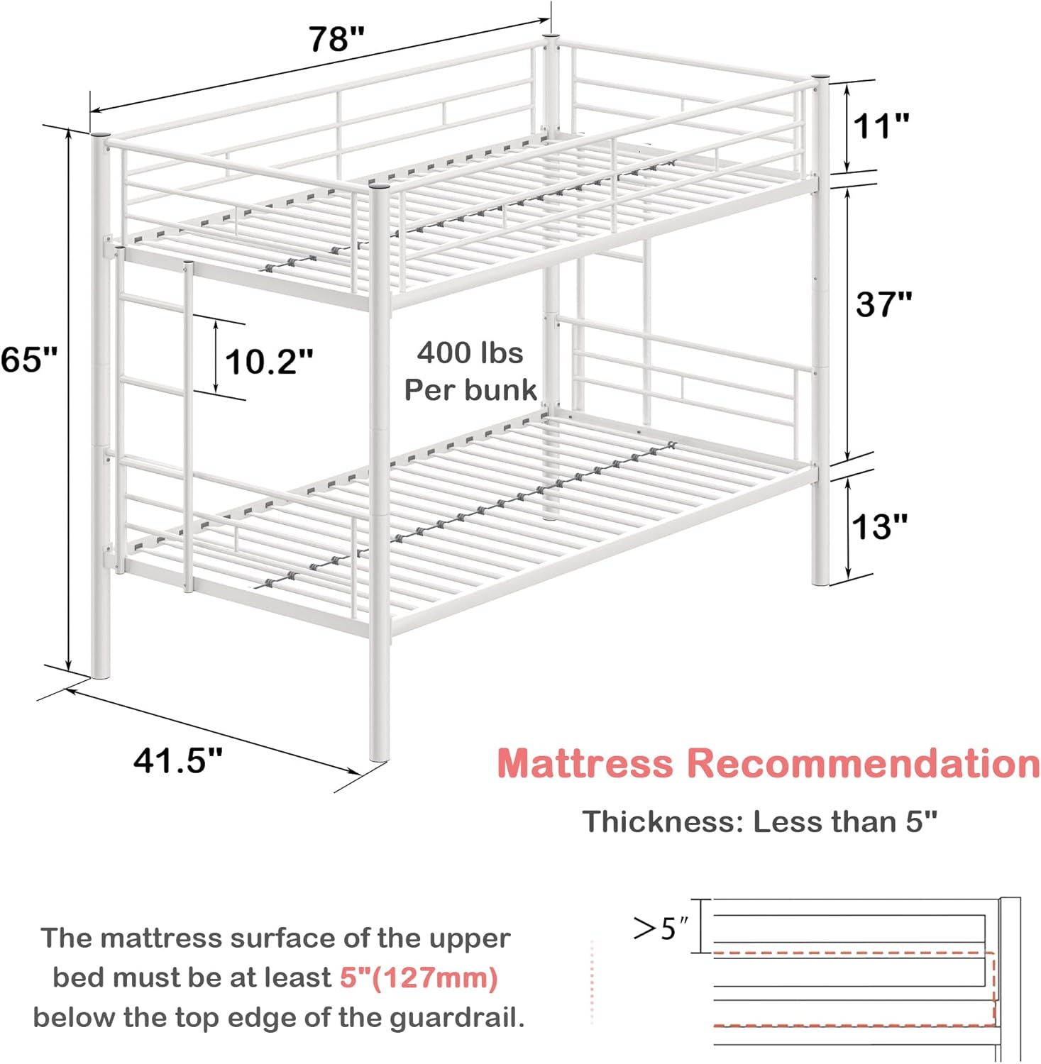 VECELO Metal Bunk Bed Twin Over Twin, Industrial Bunkbeds with Ladder and Full-Length Guardrail - VECELO