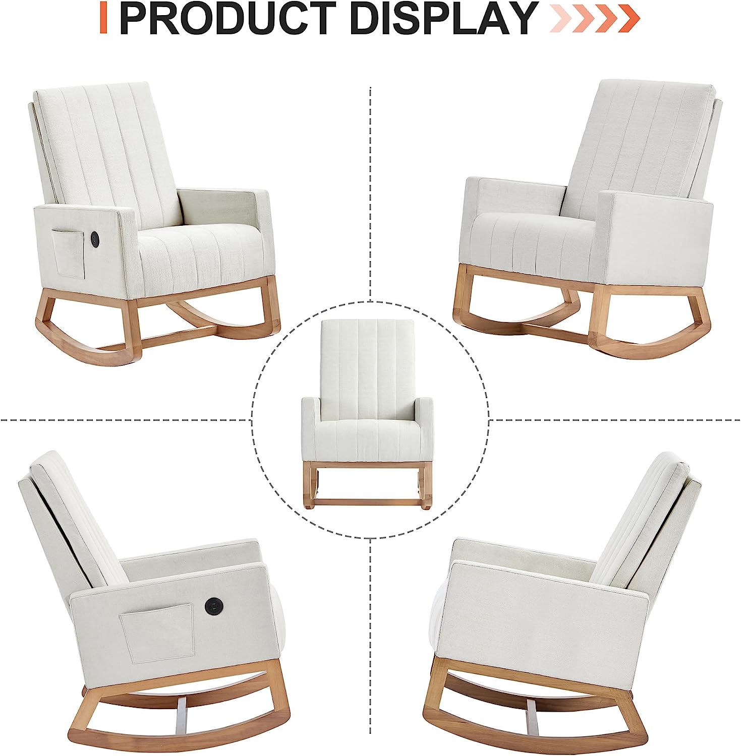VECELO Rocking Chair Upholstered Nursery Glider Rocker High Backrest Comfy Armchair with Side Pocket and USB Port - VECELO