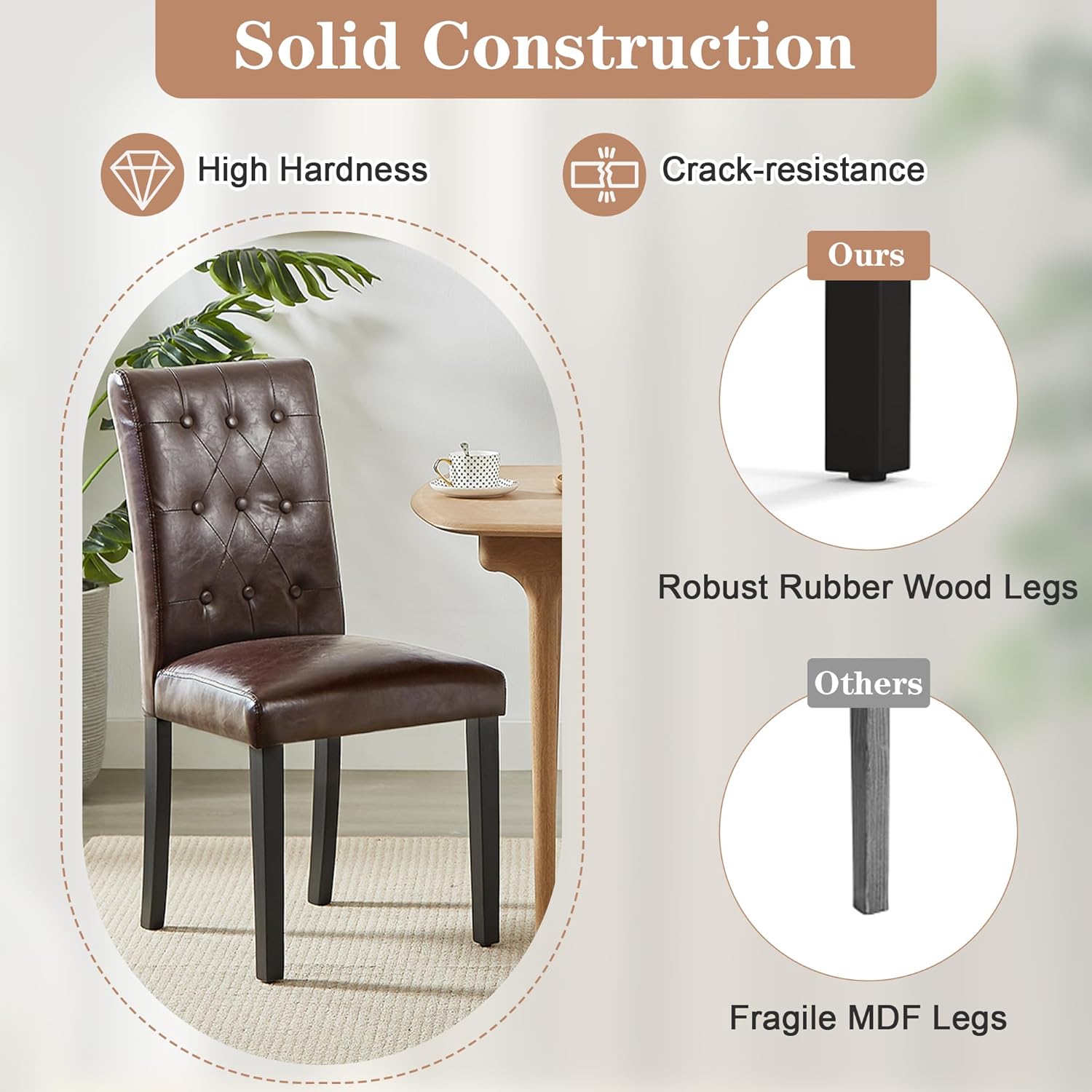 VECELO Upholstered Dining Chairs Set of 2 Button Tufted Back, Padded Seat, Wood Legs with Rubber Footpads - VECELO