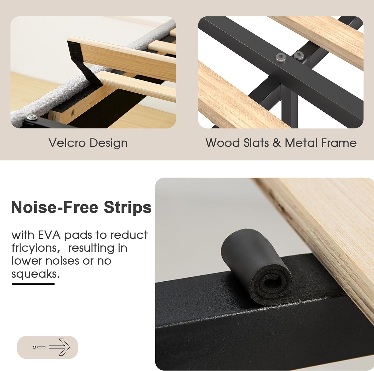 VECELO Upholstered Platform Bed Frame with Sheepskin Fabric Adjustable Headboard/Strong Wood Slats Supports - VECELO