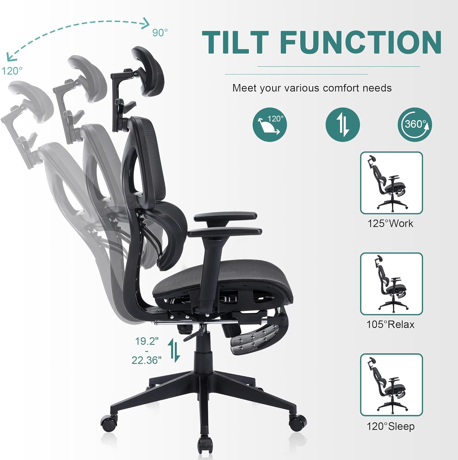 VECELO Swivel Ergonomic High Back Mesh Office Chair with Retractable Footrest - VECELO
