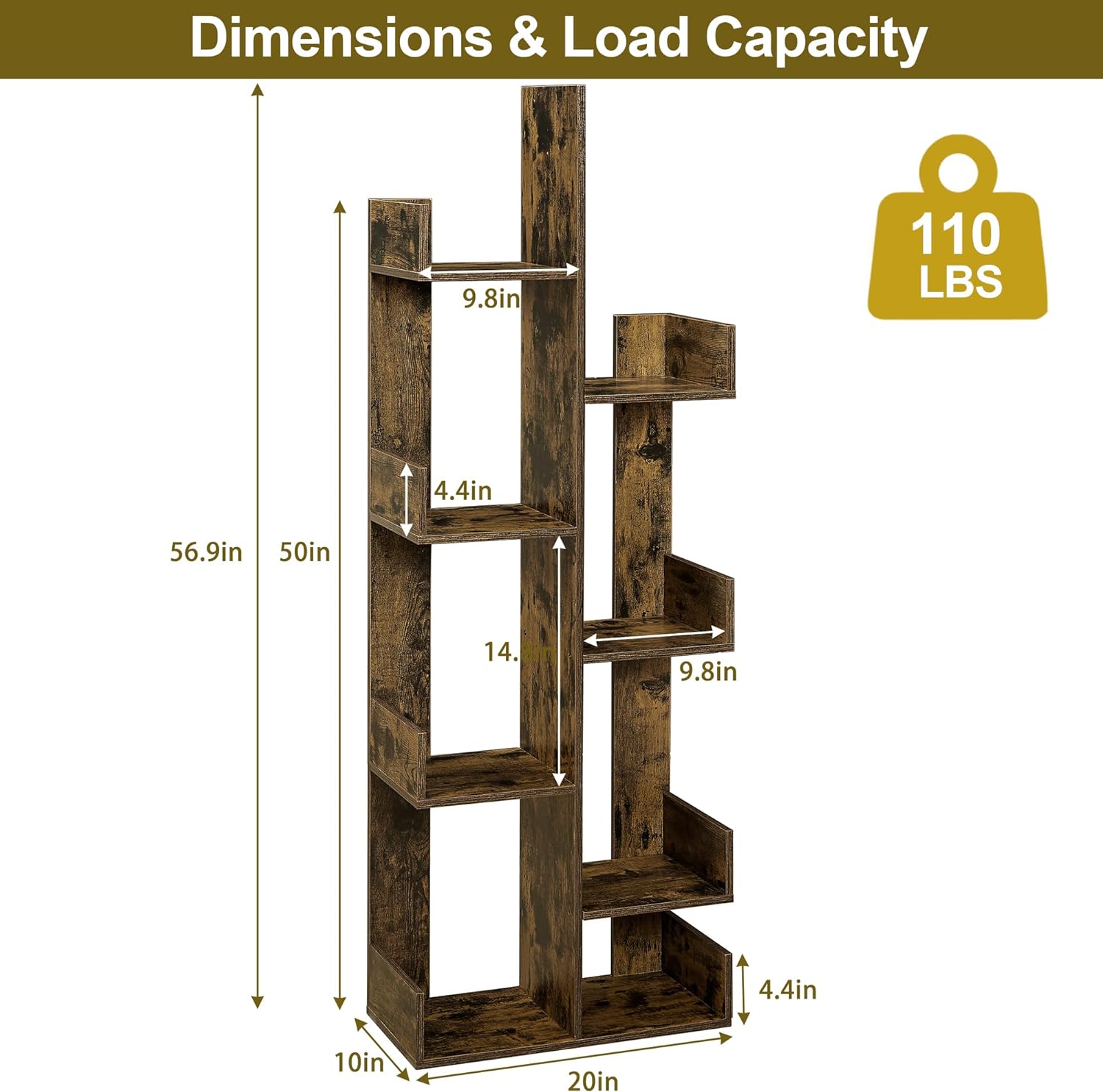 VECELO Tree Bookshelf, Geometric 8 Shelf Tree Bookcase Wood Bookshelves Display - VECELO