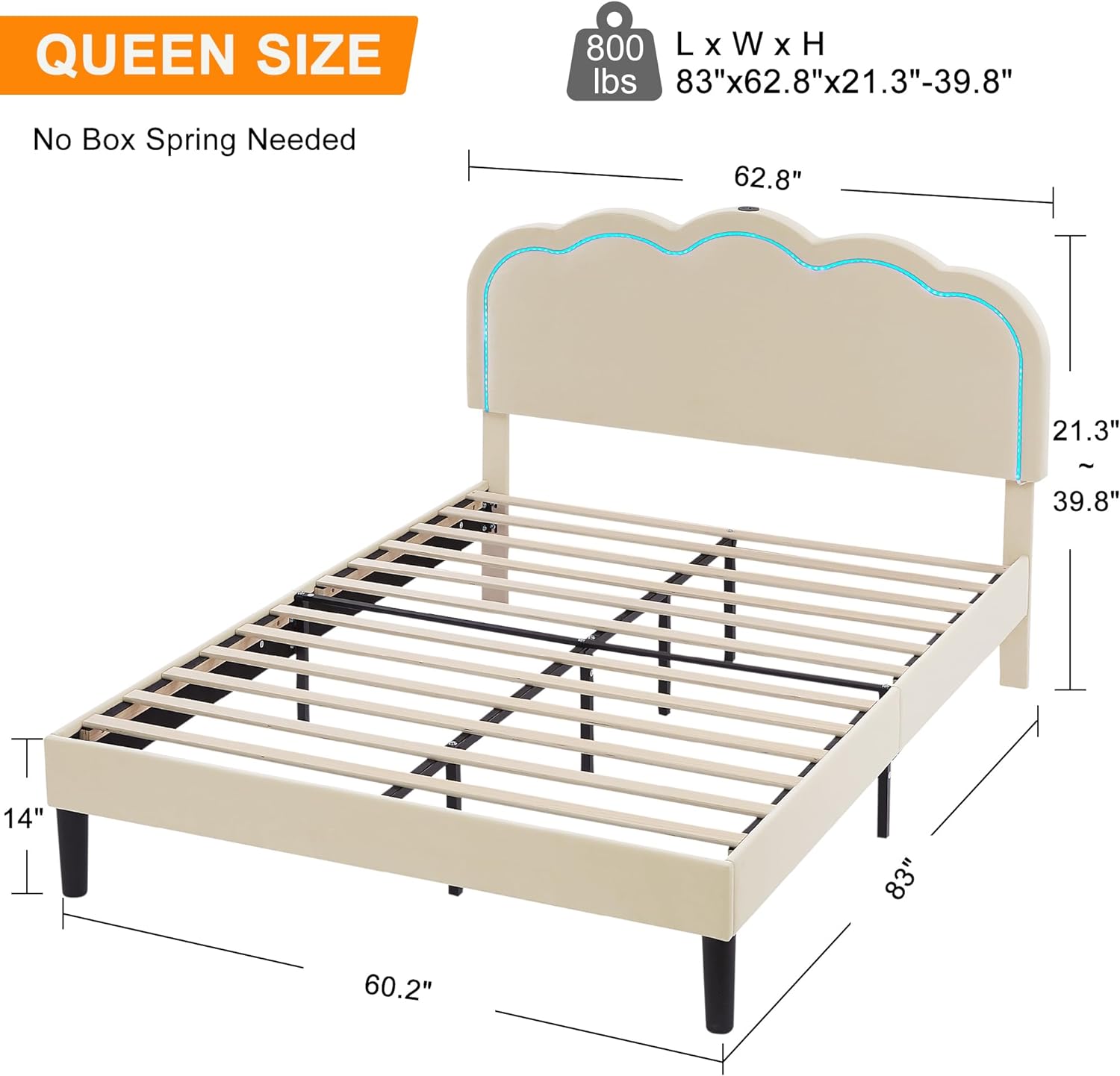 VECELO Upholstered Velvet Platform Bed Frame with Headboard Adjustable, LED Lights, USB-A & Type-C - VECELO