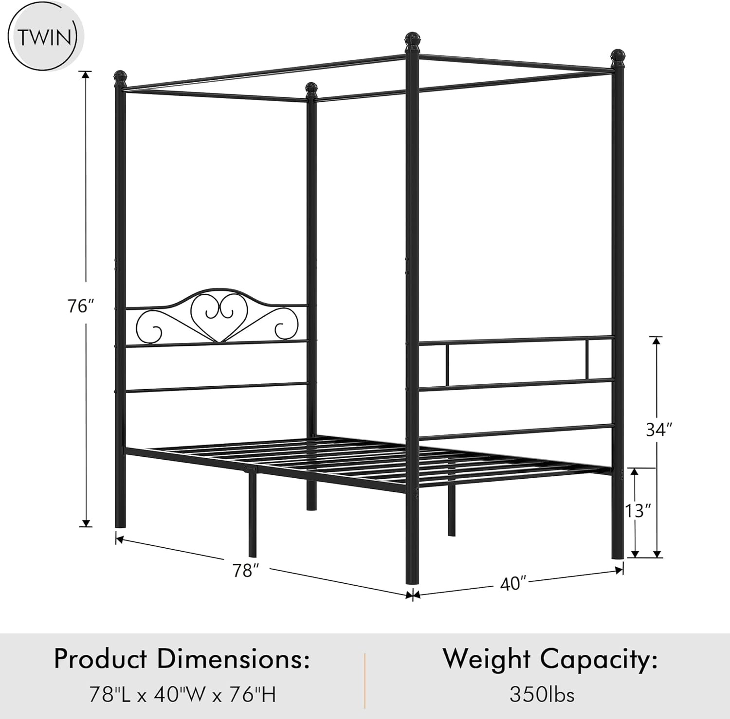 VECELO Twin Canopy Bed Frame with Headboard and Footboard - VECELO