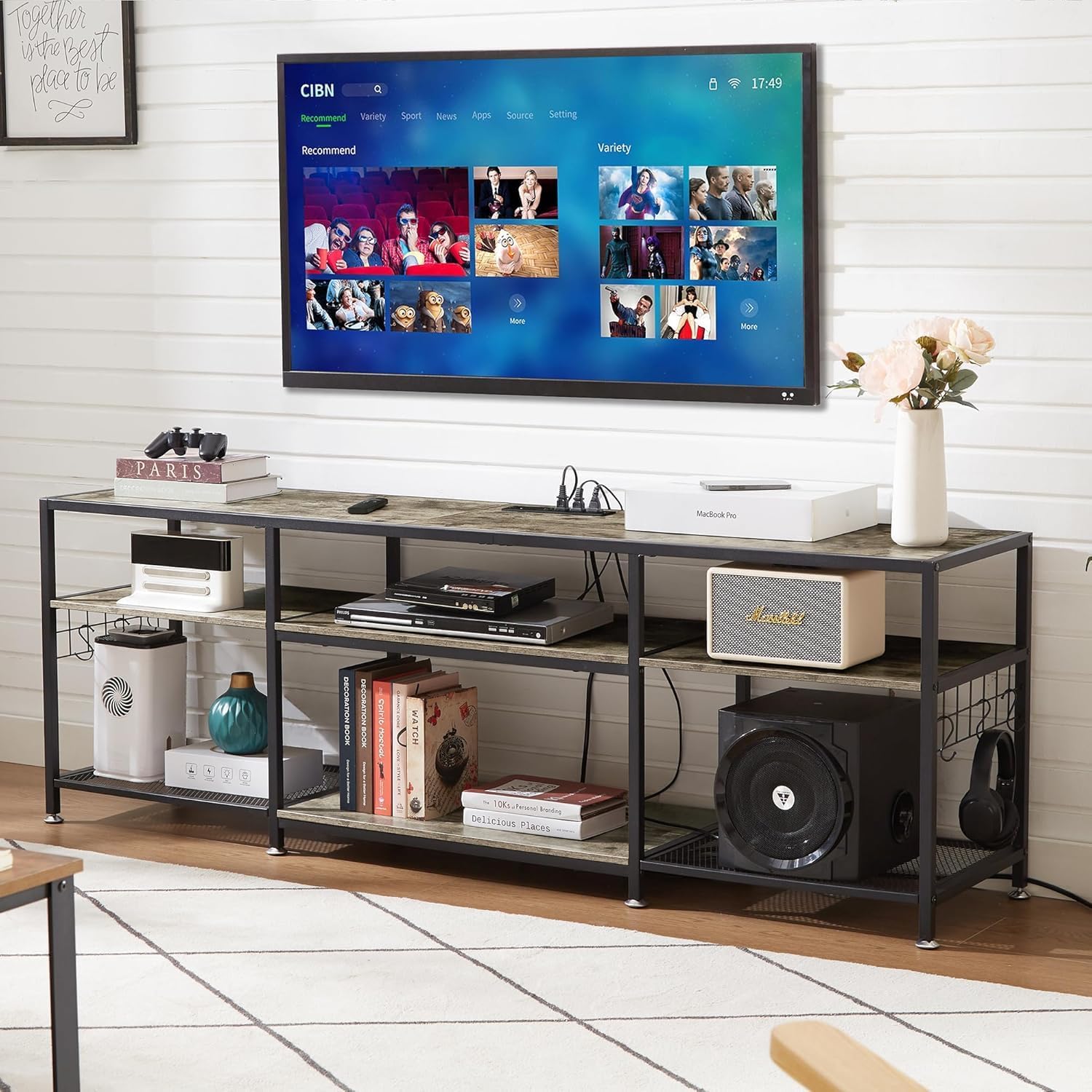 VECELO 63" TV Stand with Power Outlets for 55/60/65/70 Inch Television