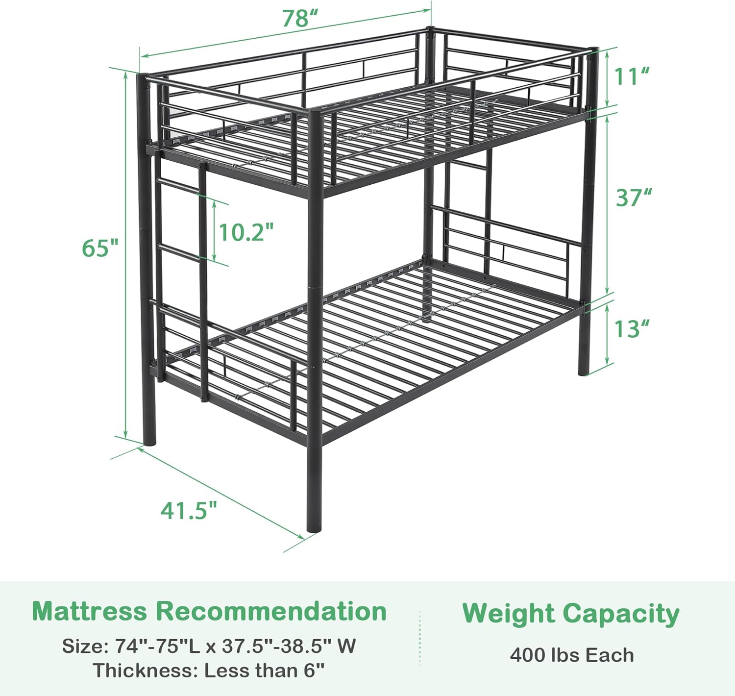 VECELO Metal Bunk Bed Twin Over Twin, Industrial Bunkbeds with Ladder and Full-Length Guardrail - VECELO