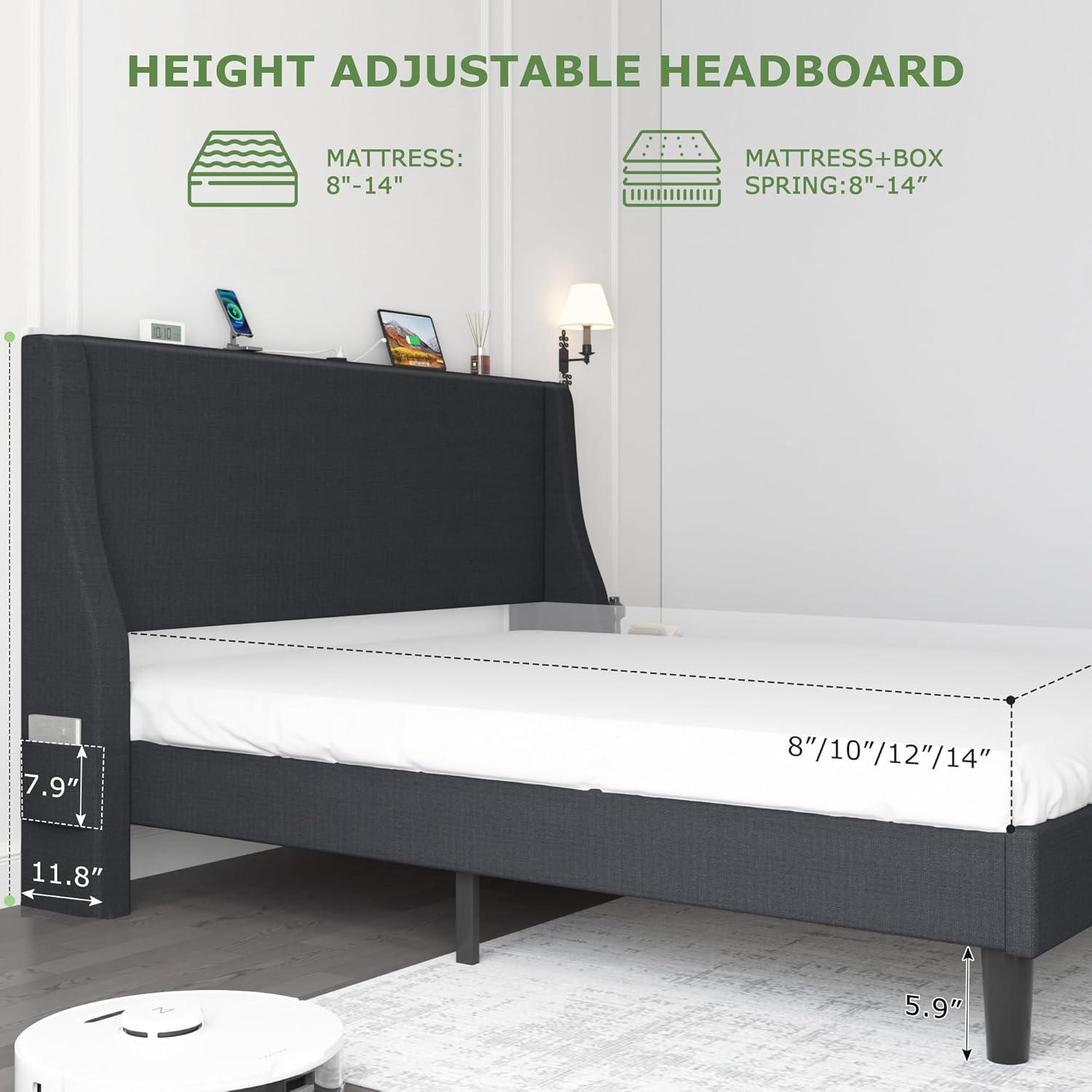 VECELO Bed Frame with Upholstered Wingback Headboard - VECELO