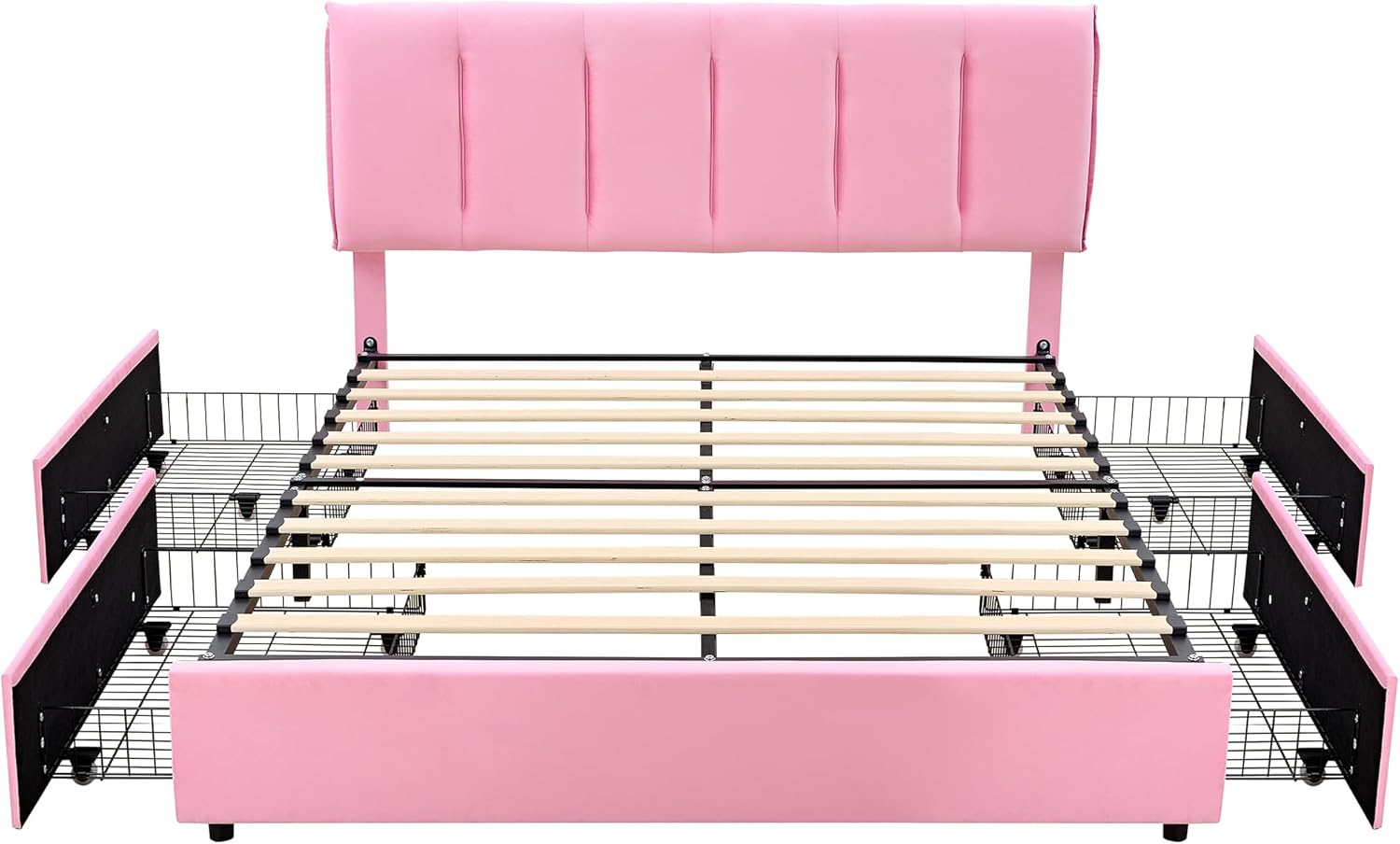 VECELO Upholstered Bed Frame with 4 Storage Drawers and Adjustable Velvet Headboard - VECELO