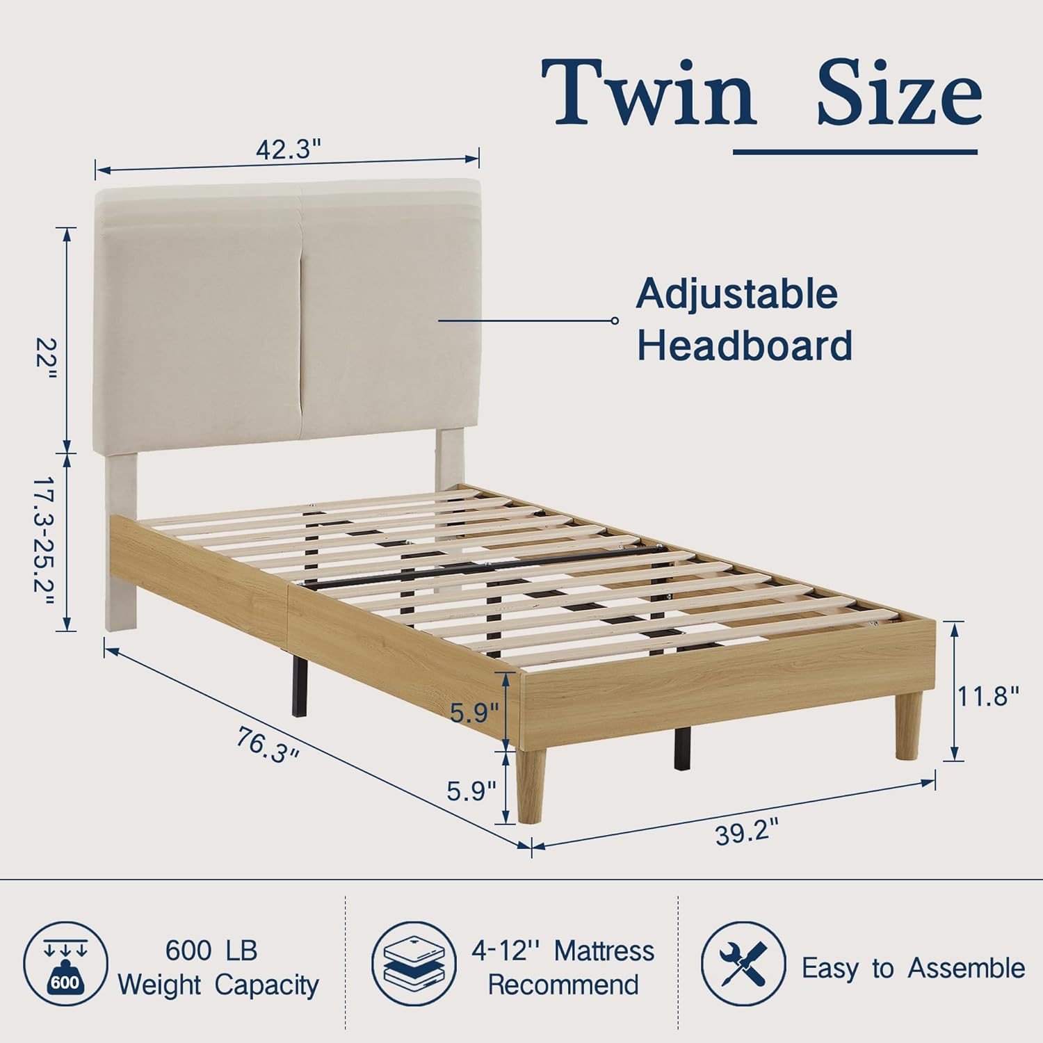 VECELO Upholstered Platform Bed Frame with Height-Adjustable Cotton and Linen Headboard - VECELO