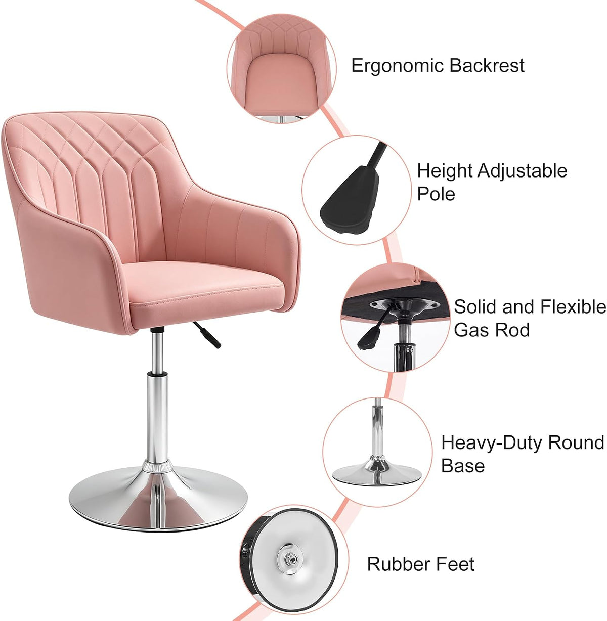 VECELO Modern Accent Chair with Adjustable Height Swivel Vanity Chair with Velvet Seat