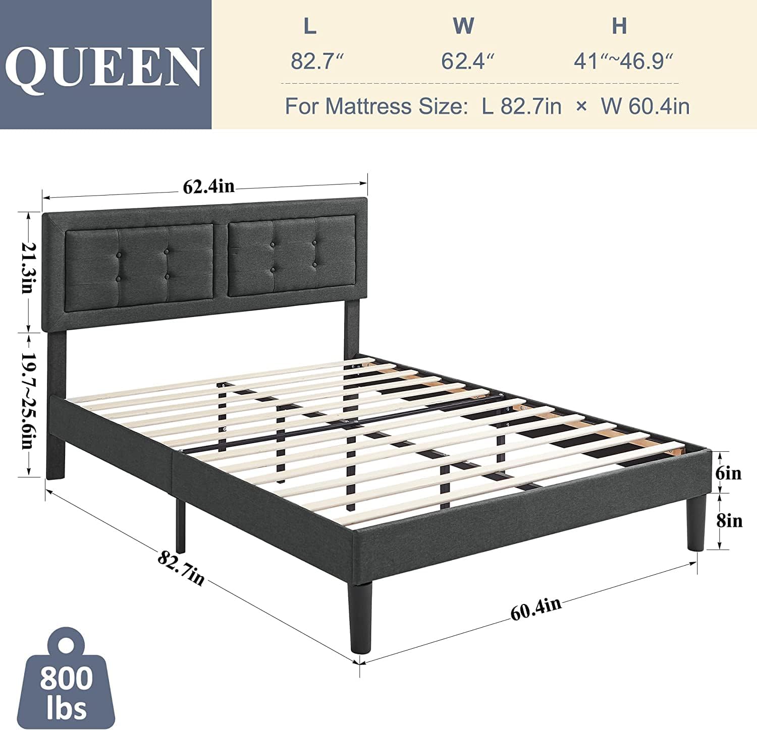 VECELO Upholstered Platform Bed Frame with Height Adjustable Headboard - VECELO