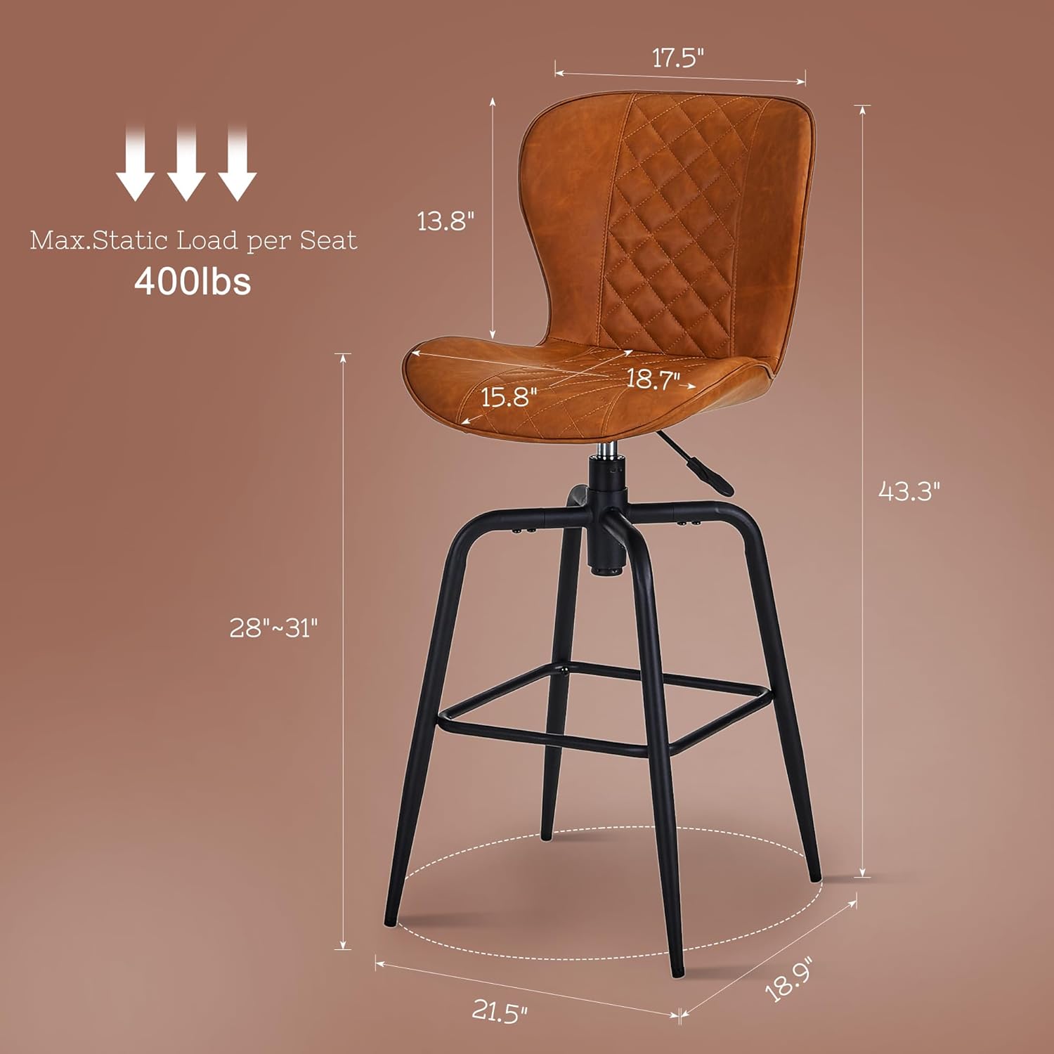 VECELO Quilted Bar Stools Set of 2, Adjustable Bar Height Swivel Bar Stools with Back - VECELO