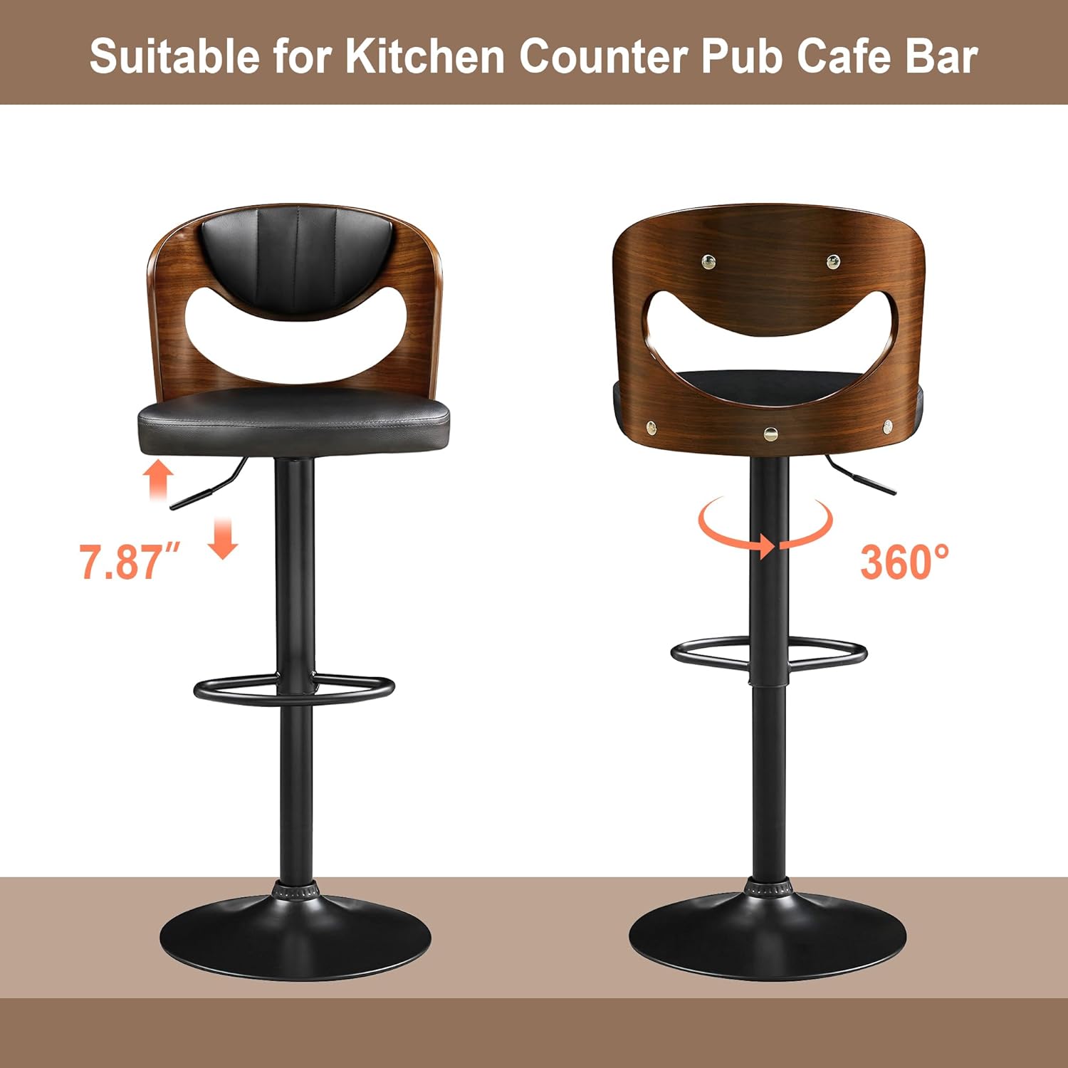 VECELO Bar Stool Set of 2,Counter Height Stools with Bentwood Back - VECELO
