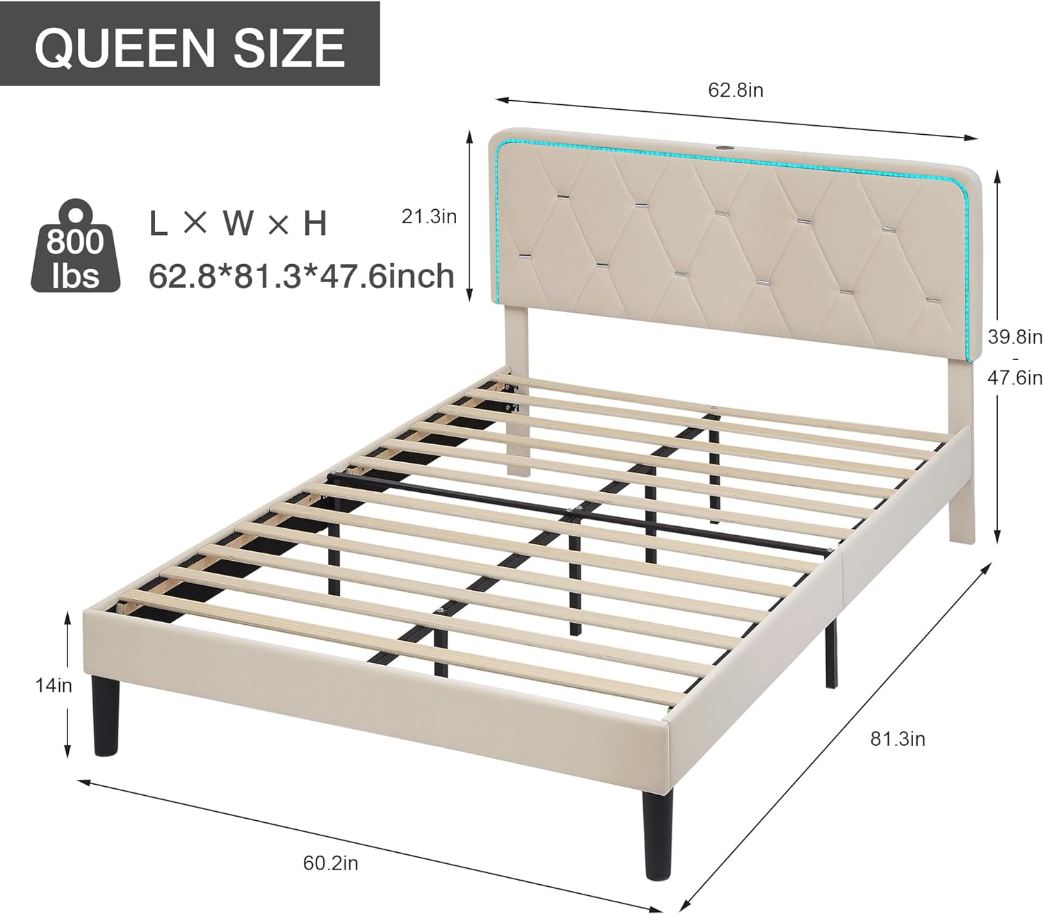 VECELO Upholstered Bed Frame with LED Lights, Charging Station, Velvet Platform Bed - VECELO