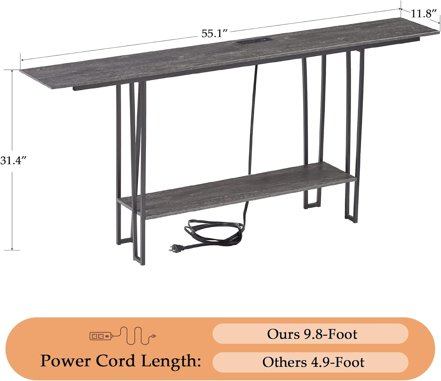 VECELO Couch Side & Console Table with 2 Outlets & 2 USB Ports - VECELO