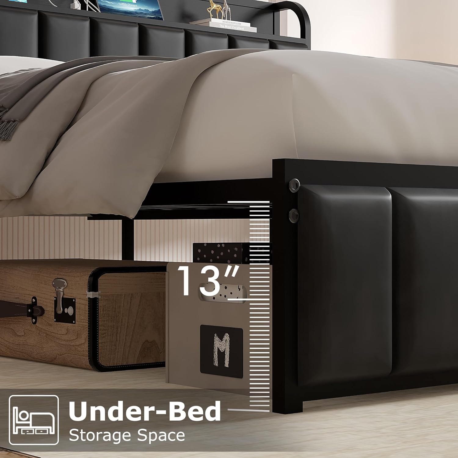 VECELO Twin Bed Frame, Storage Upholstered Headboard with Charging Station - VECELO
