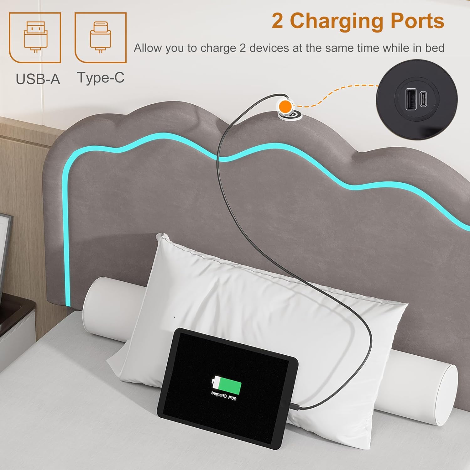 VECELO Upholstered Velvet Platform Bed Frame with Headboard Adjustable, LED Lights, USB-A & Type-C - VECELO