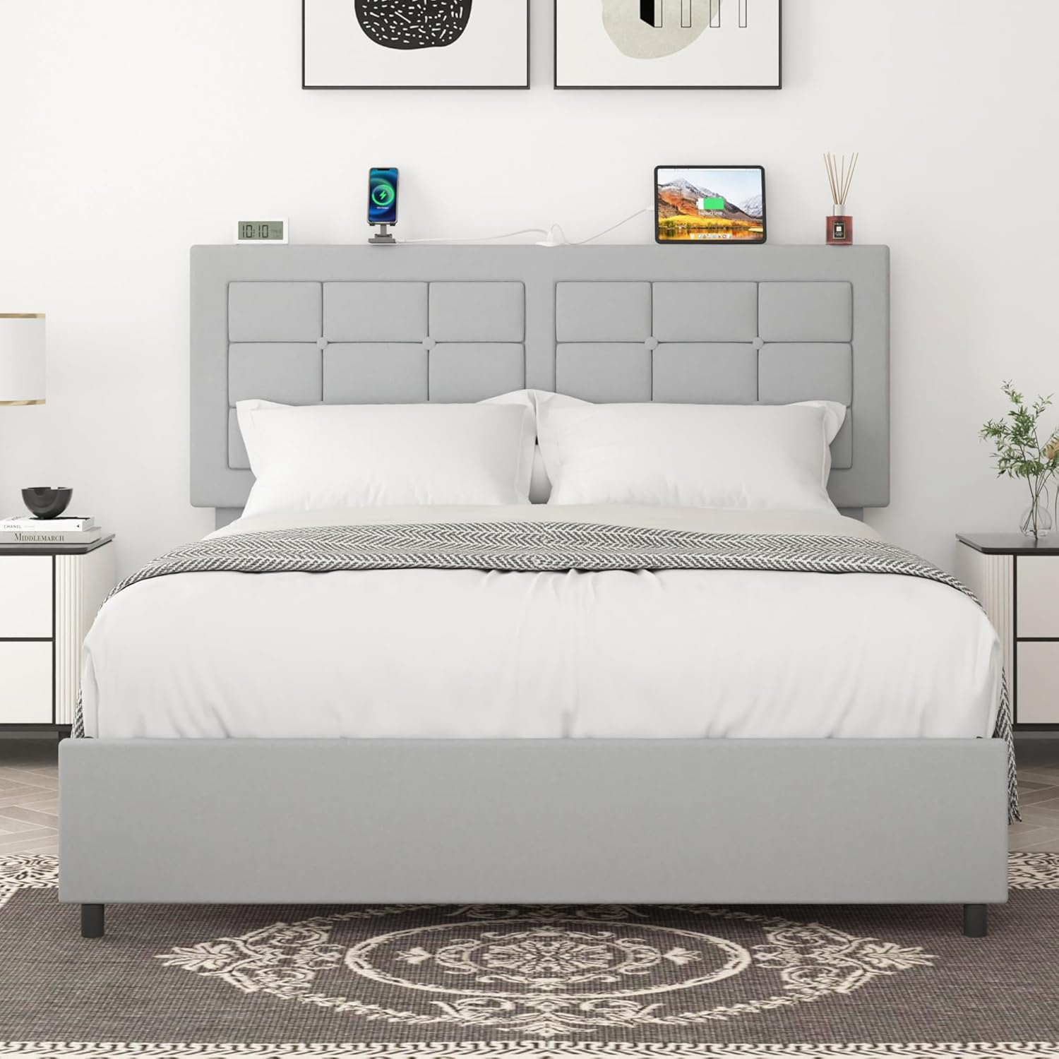 VECELO Bed Frame with 4 Drawers, Adjustable Tufted Button Headboard - VECELO