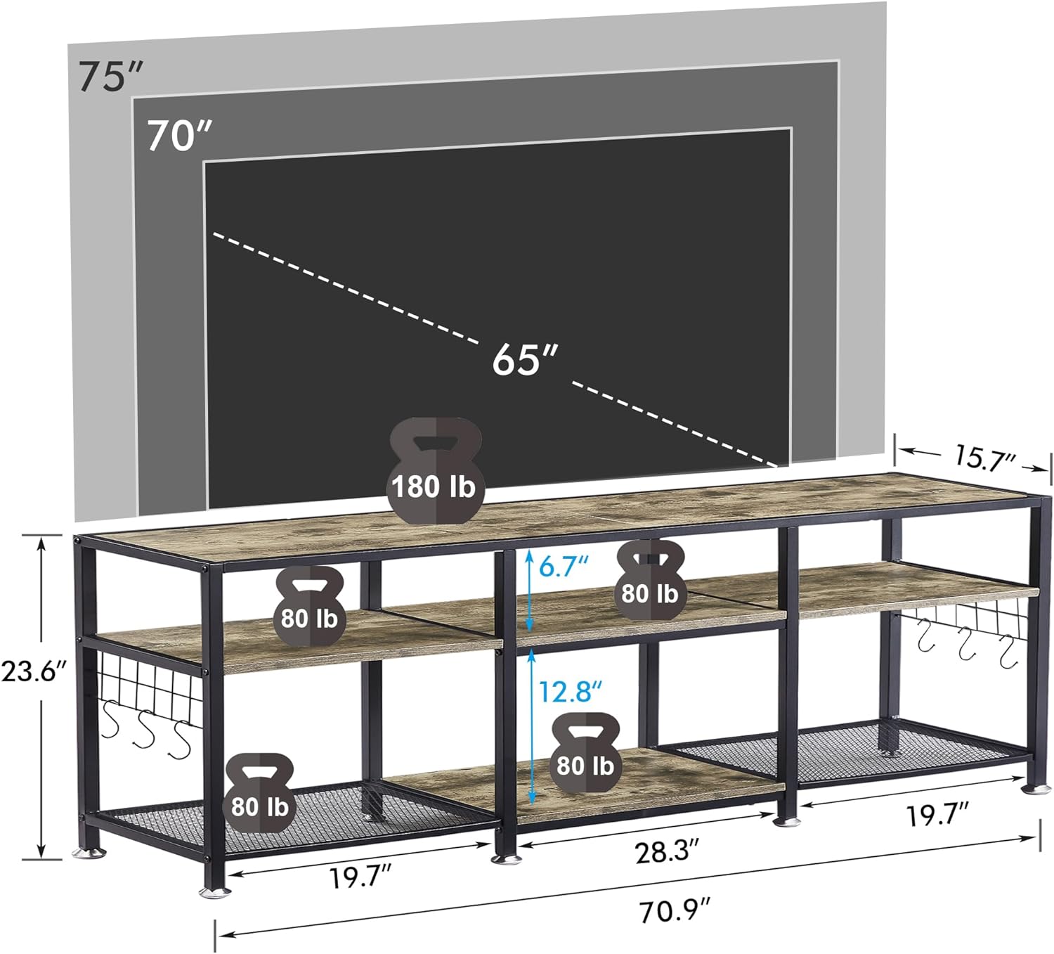 VECELO TV Stand Entertainment Center Media Console with 3-Tier Open Storage Shelves - VECELO