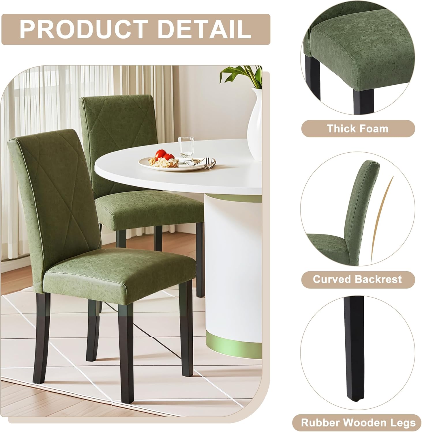 VECELO Upholstered Dining Chairs Set of 2 Modern Fabric and High Back & Solid Wood Legs for Kitchen - VECELO