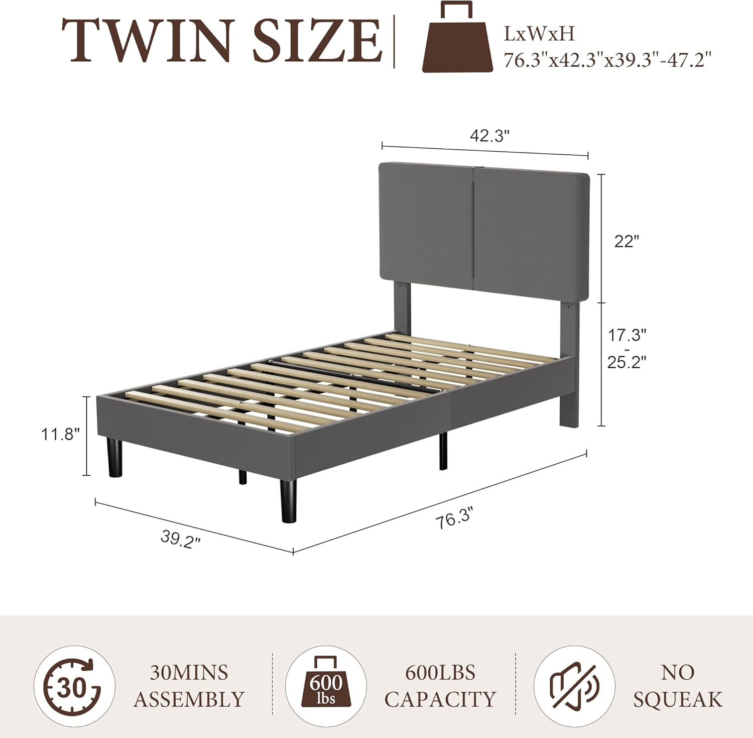 VECELO Twin/Full/Queen Bed Frame Upholstered Platform with Type-C & USB Ports Height-Adjustable Cotton and Linen Headboard - VECELO