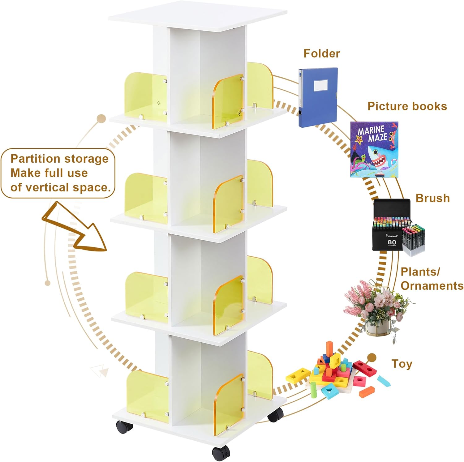 VECELO 4 Tier Rotating Bookshelf Tower,360° Corner Display Shelf with Wheels - VECELO