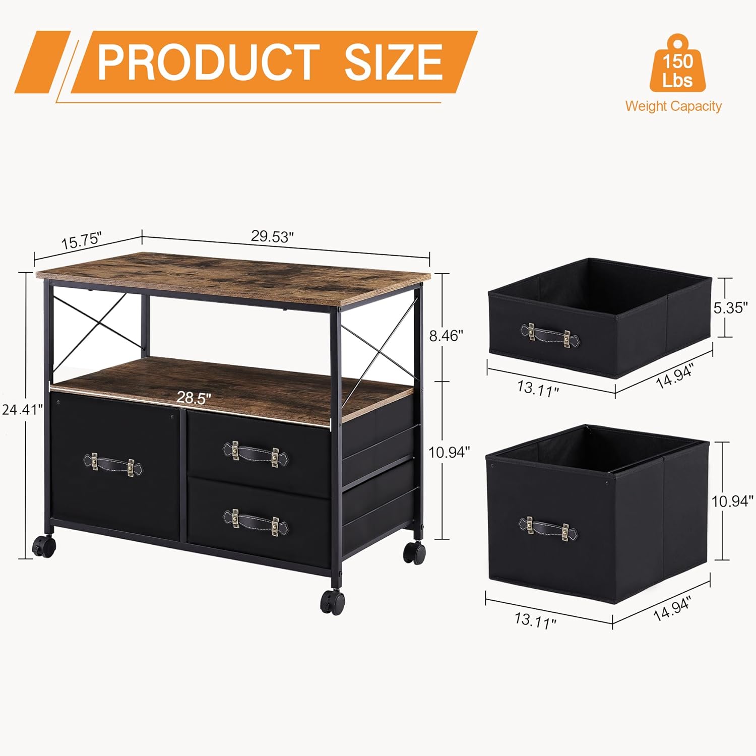 VECELO 3 Drawer Lateral File Cabinet, Rolling Printer Stand with Open Storage Shelf - VECELO