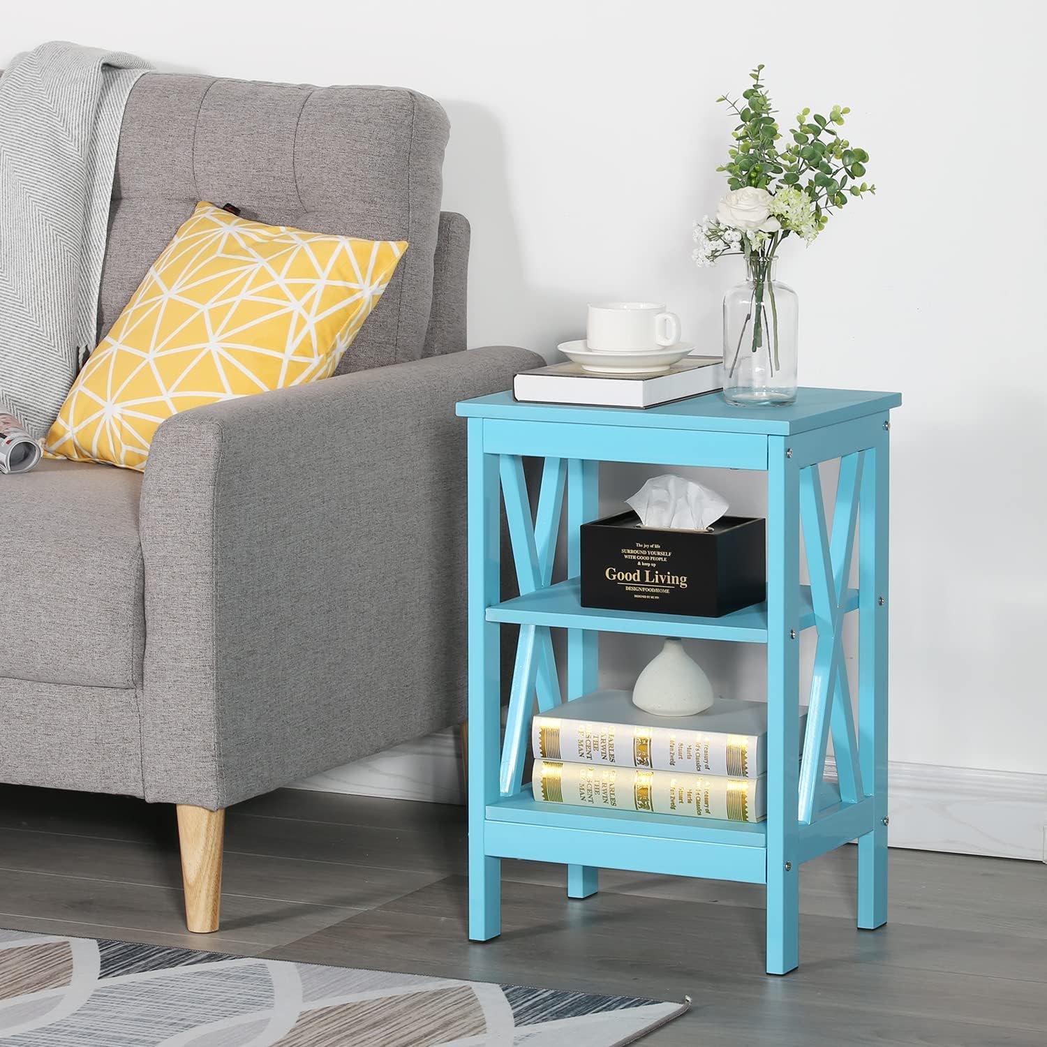 VECELO Modern Nightstand/Side End Table with X-Design Frame & 2-Tiers Open Storage Shelf for Bedroom/Living Room - VECELO