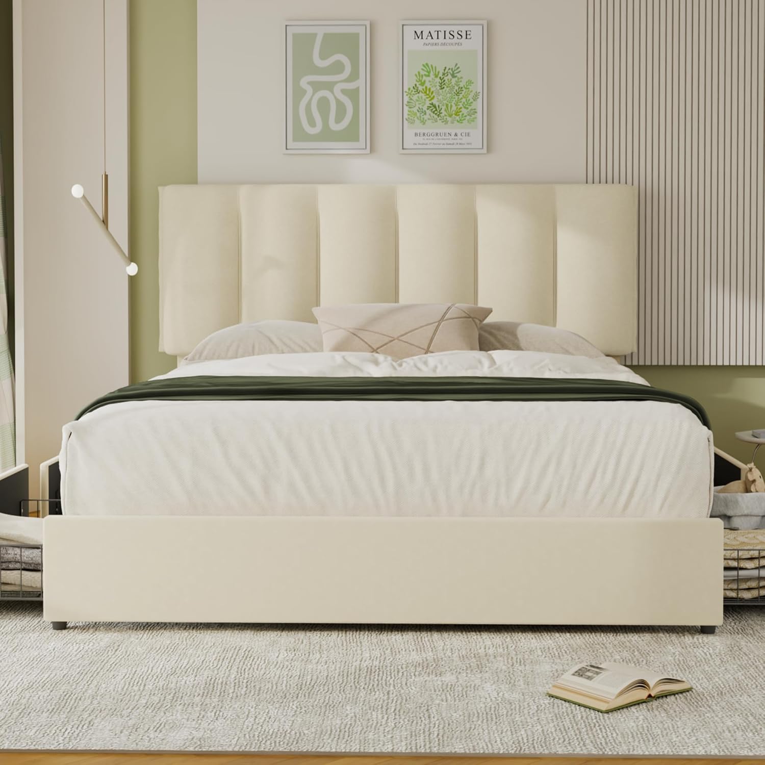 VECELO Upholstered Bed Frame with 4 Storage Drawers and Adjustable Velvet Headboard - VECELO