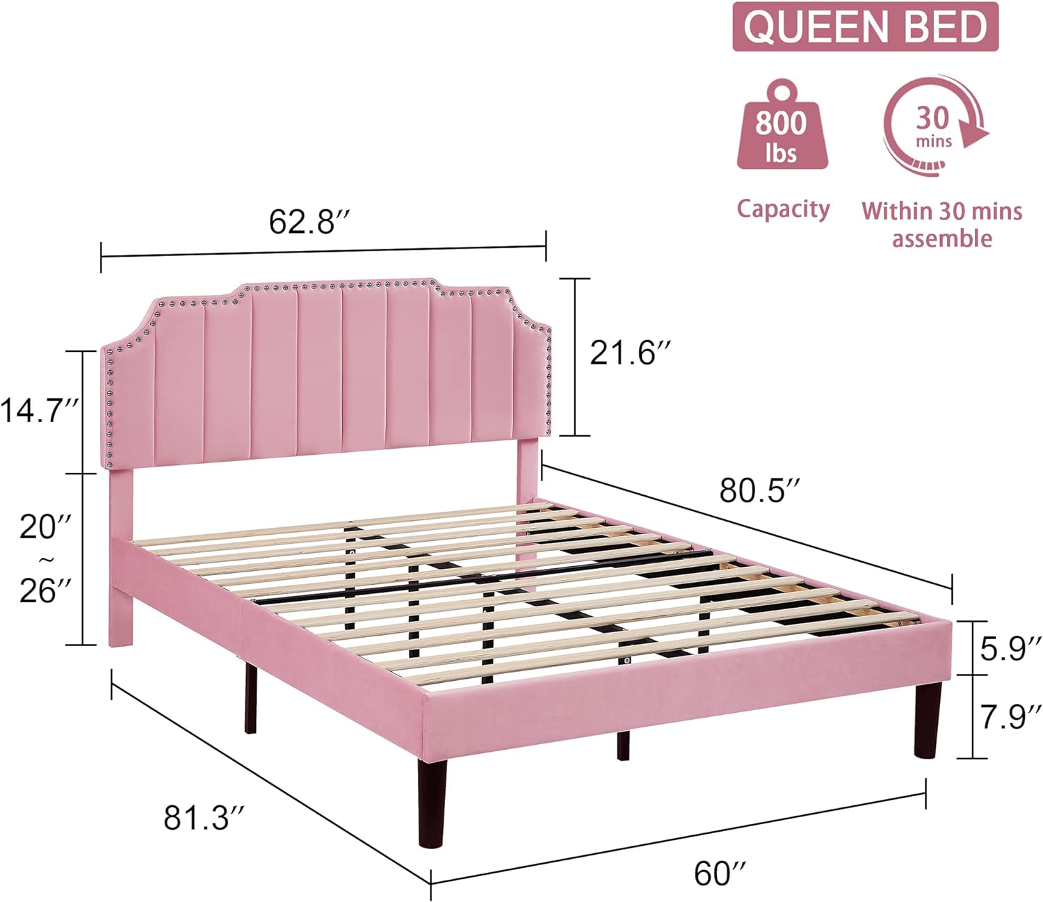VECELO Upholstered Platform Bed Frame with Tufted Adjustable Headboard & Wood Slat Support - VECELO