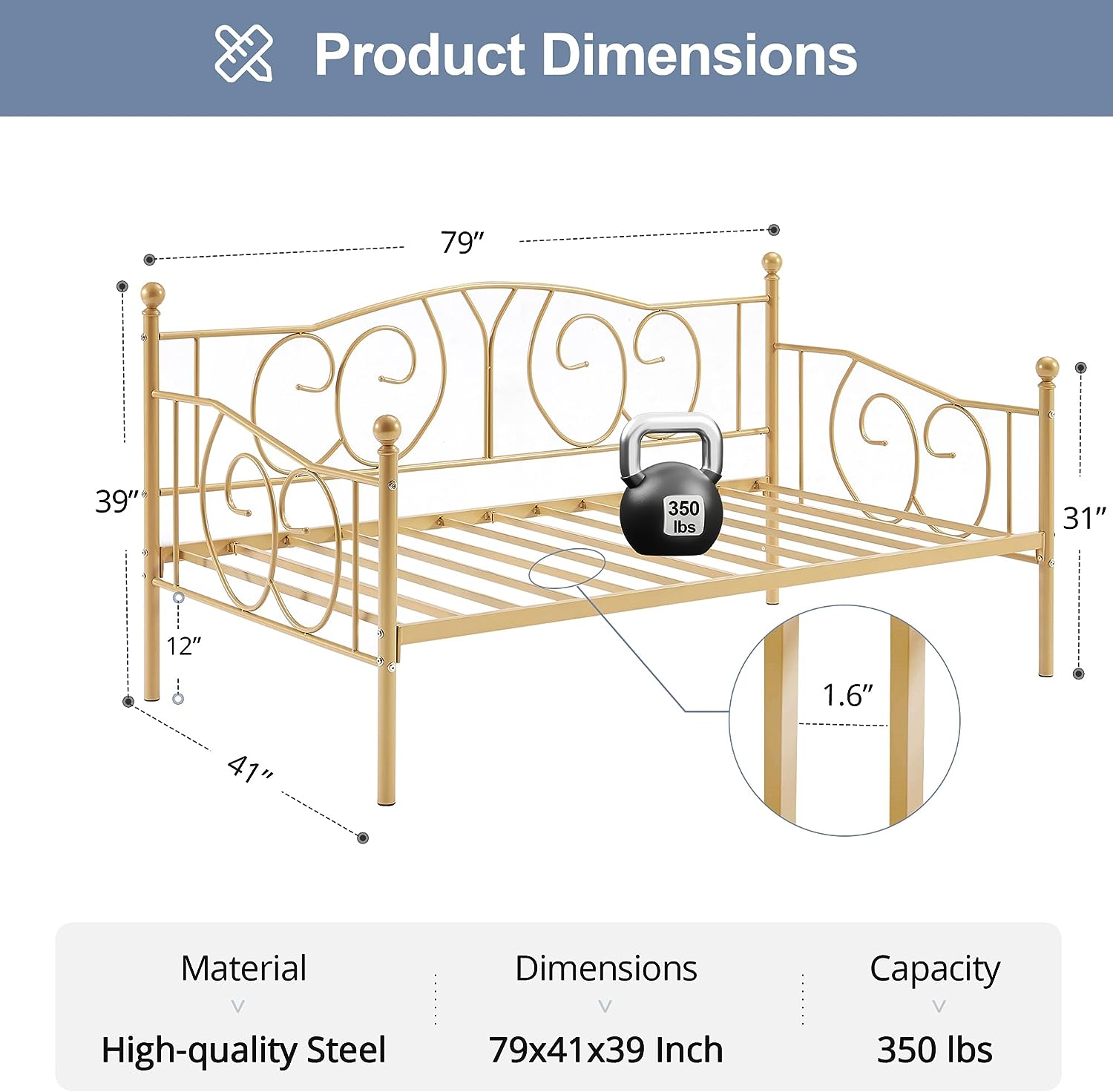 VECELO Metal Daybed Frame Multifunctional Platform Bed Sofa Mattress Foundation with Deluxe Headboard, Black - VECELO