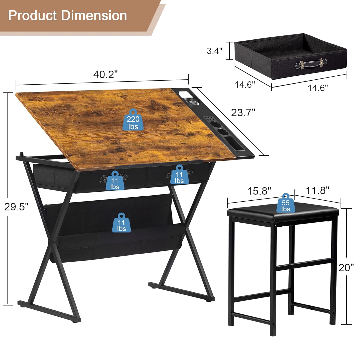 VECELO Drafting Table Adjustable Desk Tilted Tabletop with 2 Storage Drawers and Stool - VECELO