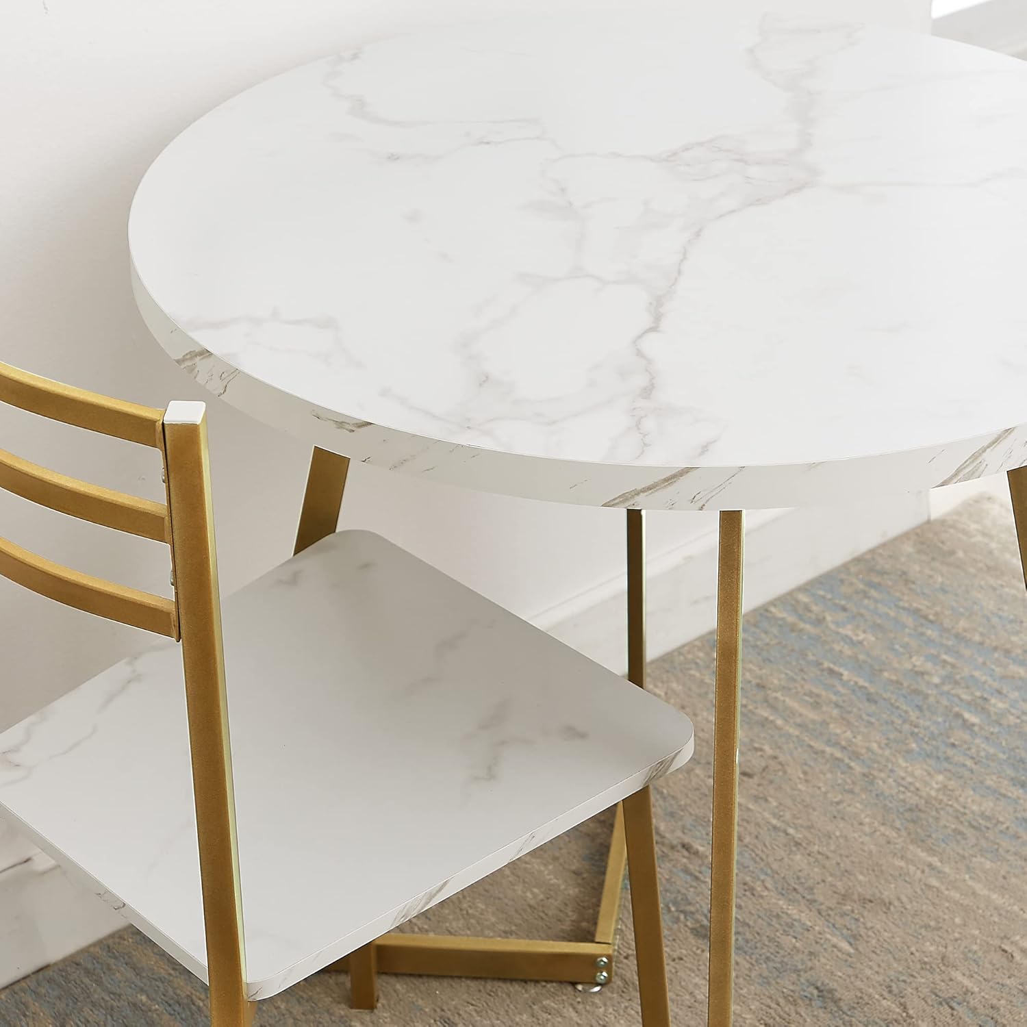 VECELO Round Dining Room Table with Wood Grain Tabletop and Steel Frame - VECELO