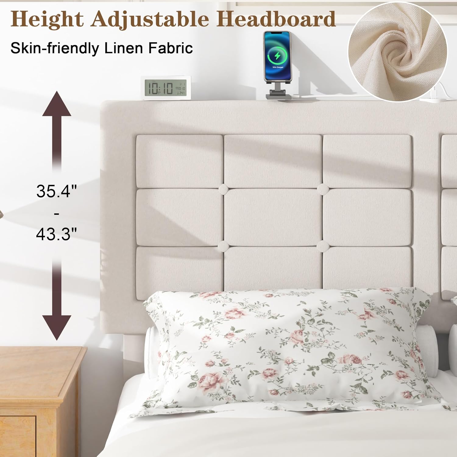VECELO Bed Frame with 4 Drawers, Adjustable Tufted Button Headboard - VECELO