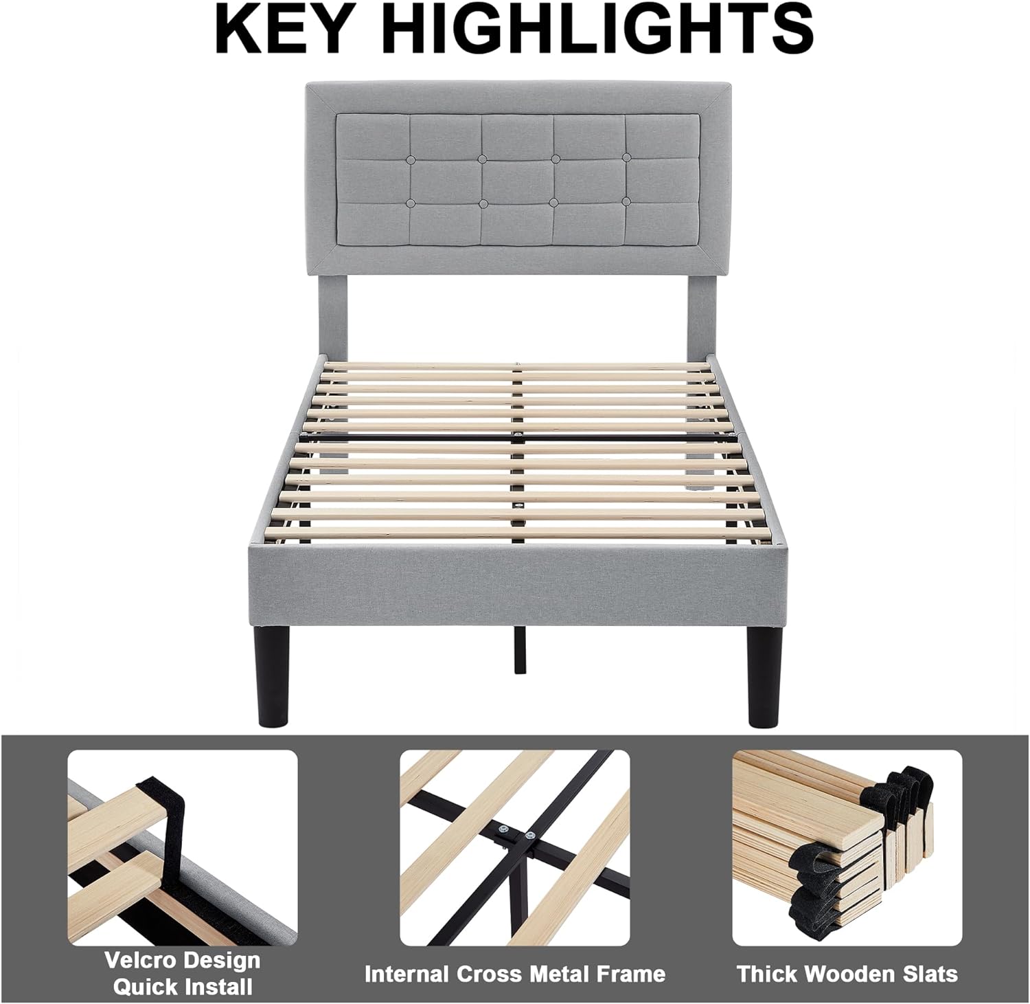 VECELO Upholstered Platform Bed Frame with Height Adjustable Headboard - VECELO