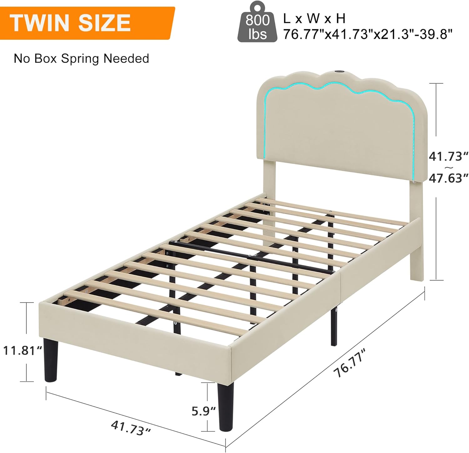 VECELO Upholstered Velvet Platform Bed Frame with Headboard Adjustable, LED Lights, USB-A & Type-C - VECELO