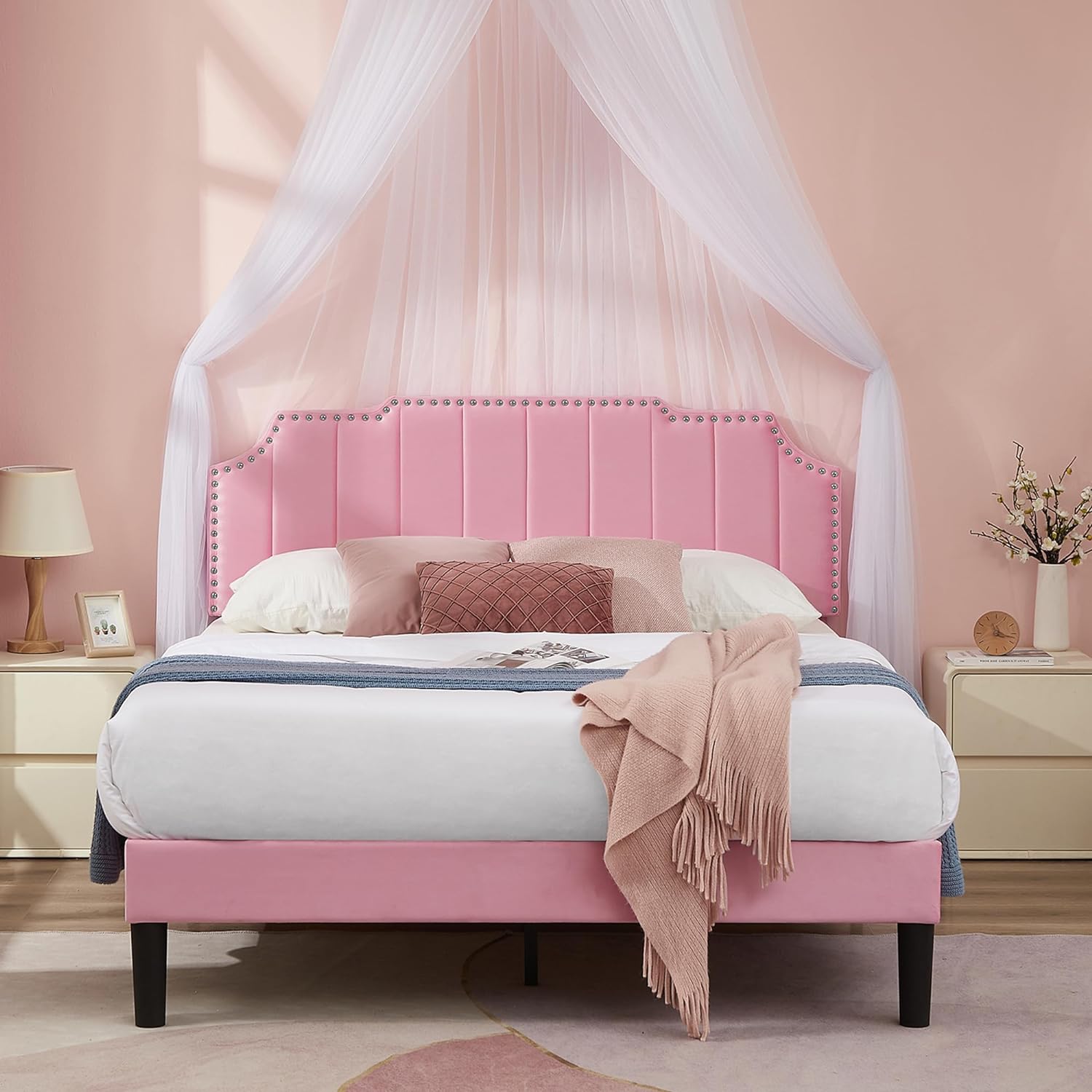 VECELO Upholstered Platform Bed Frame with Tufted Adjustable Headboard & Wood Slat Support - VECELO